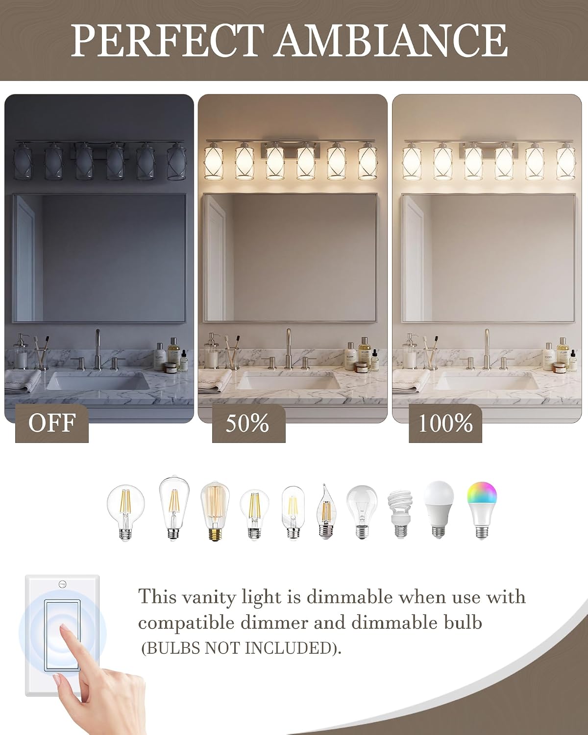 6-Light Brushed Nickel Bathroom Light Fixtures Over Mirror, 42' UL-Listed Modern Wall Sconce Lights with Milk White Frosted Glass and Metal Cage for Bath, Hardwire E26, CH9176BNW-6W