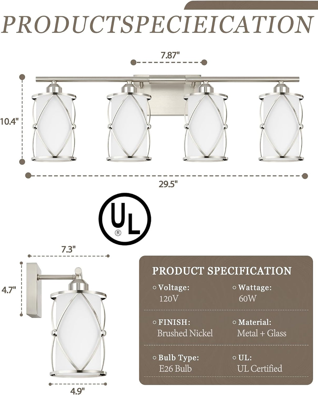 4-Light Brushed Nickel Bathroom Light Fixtures with Milk Frosted Glass, 29' Modern Bathroom Vanity Lighting Fixtures Over Mirror with Metal Cage, Wall Sconce Lights for Bath, E26, CH9176BNW-4W
