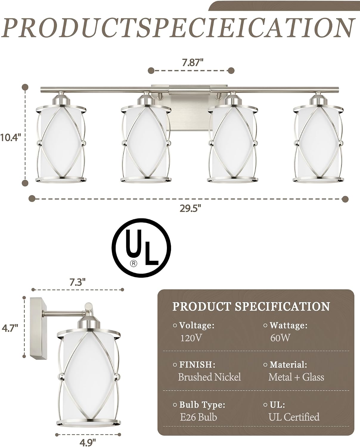 4-Light Brushed Nickel Bathroom Light Fixtures with Milk Frosted Glass, 29' Modern Bathroom Vanity Lighting Fixtures Over Mirror with Metal Cage, Wall Sconce Lights for Bath, E26, CH9176BNW-4W