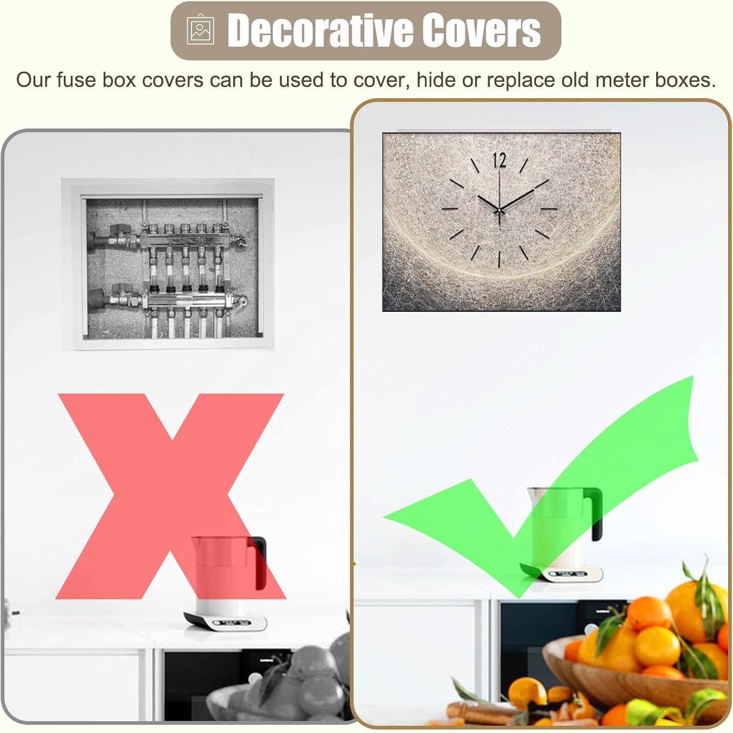 Indoor Fuse Box Cover for Cabinet Decorative, Replacement Electrical Panel Cover with Clock, Waterproof Plastic Junction Box Cover Plate for Outdoor(Light Coffee,60x45cm(23 5/8x17 3/4in))