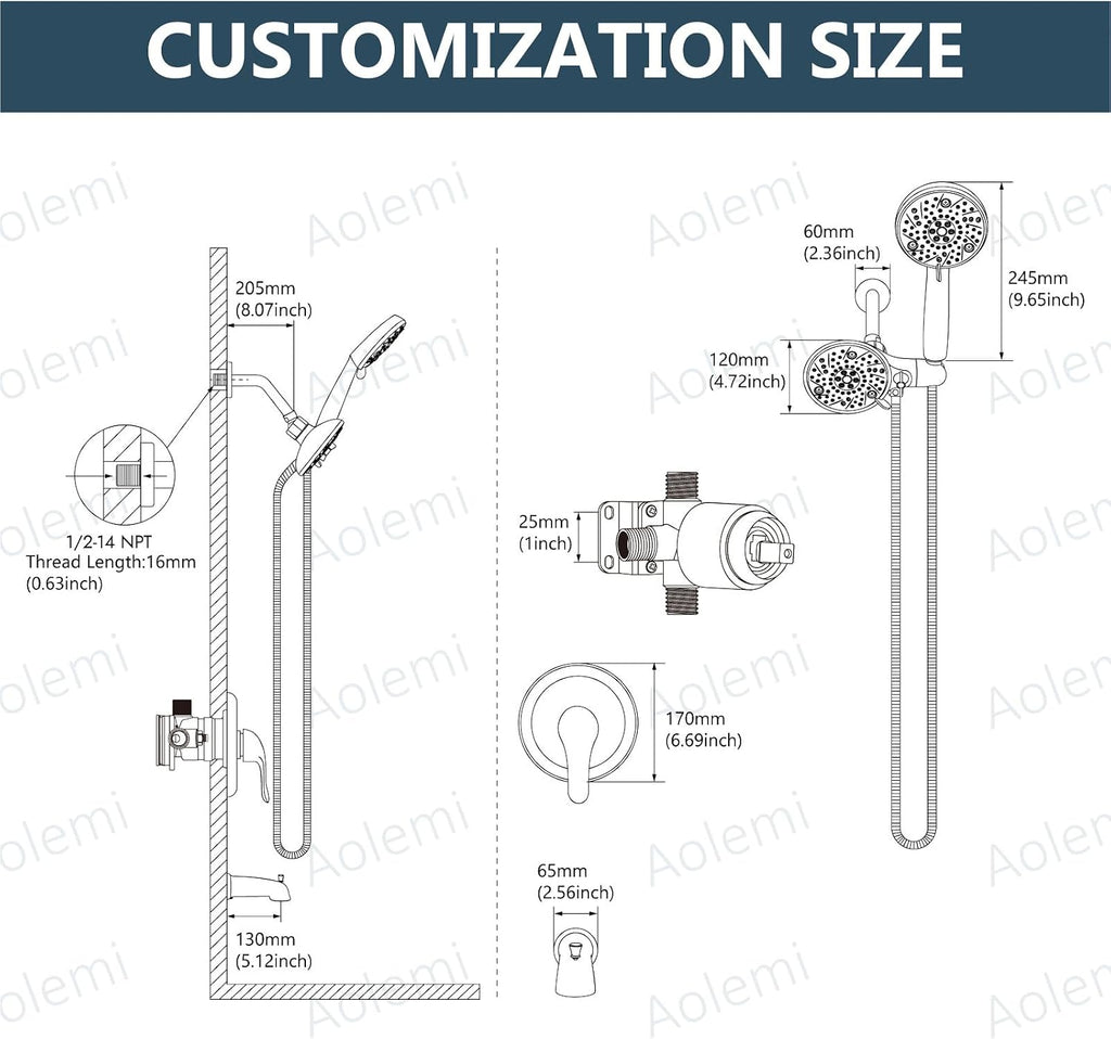 Aolemi Shower Faucet Set with Tub Spout Rain Shower Head System Shower Trim Kit Pressure Rough-in Valve Included ABS 8 Setting Dual Shower Head and Handheld Spray Brushed Gold
