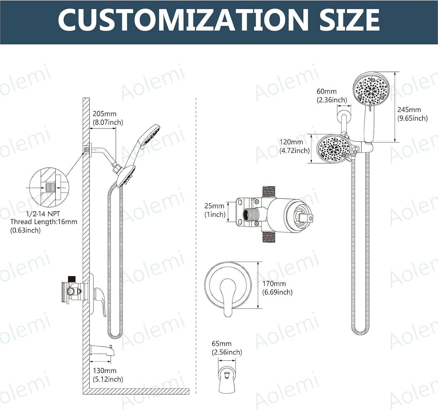 Aolemi Shower Faucet Set with Tub Spout Rain Shower Head System Shower Trim Kit Pressure Rough-in Valve Included ABS 8 Setting Dual Shower Head and Handheld Spray Brushed Gold