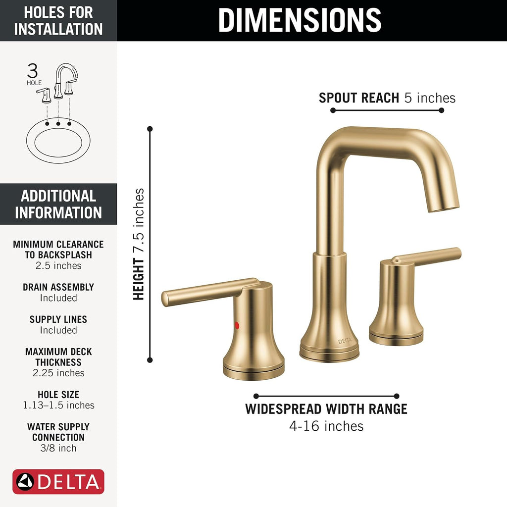 Delta Trinsic U-Spout Widespread Bathroom Faucet, Gold 3-Hole Bathroom Sink Faucet, Metal Push-Pop Drain Assembly, Champagne Bronze 3554-CZMPU-DST