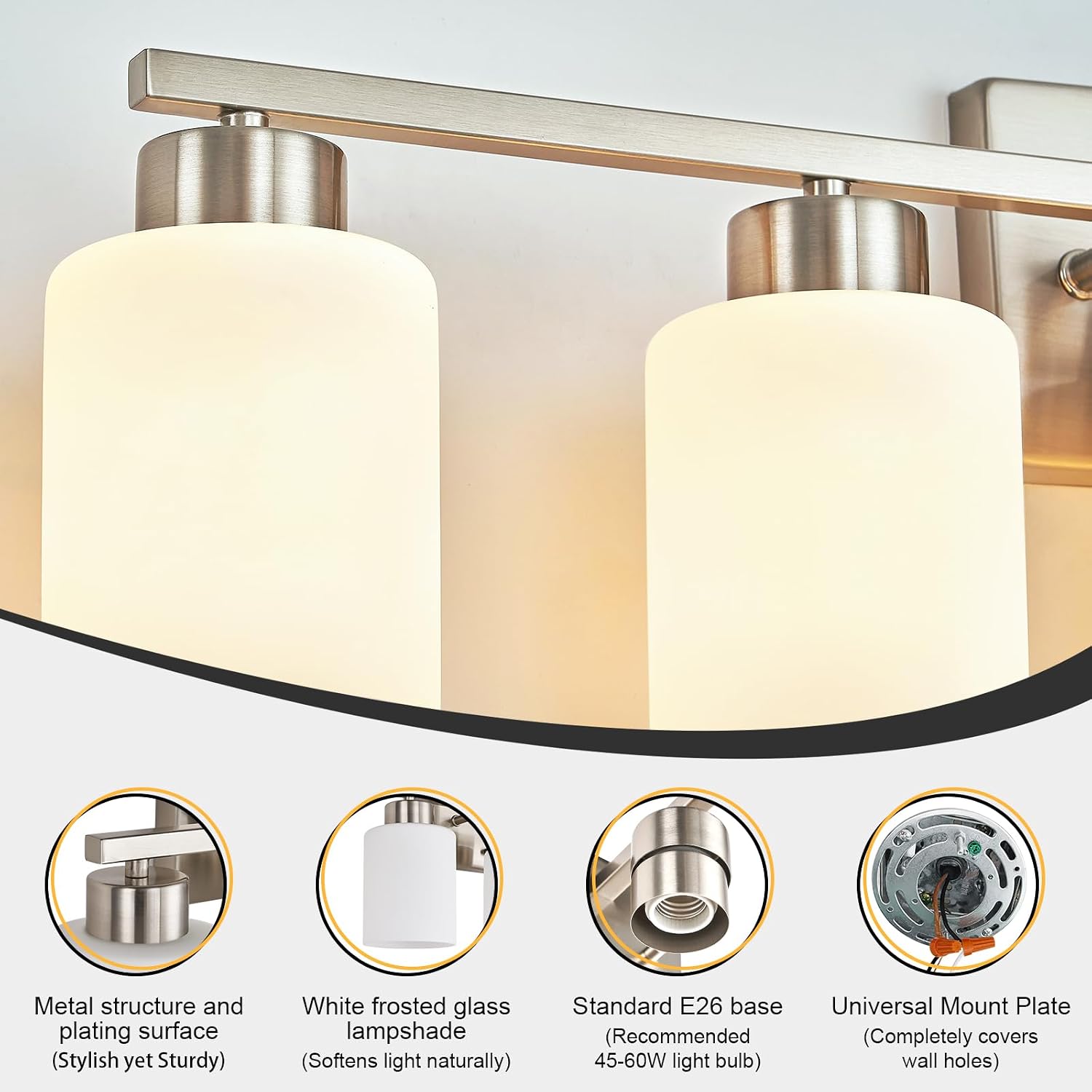 FonmYim Brushed Nickel Bathroom Light Fixtures, 6-Light Modern Vanity Light Over Mirror, Wall Sconces with Milky White Frosted Glass Shades, E26 Socket (Bulbs Not Included)