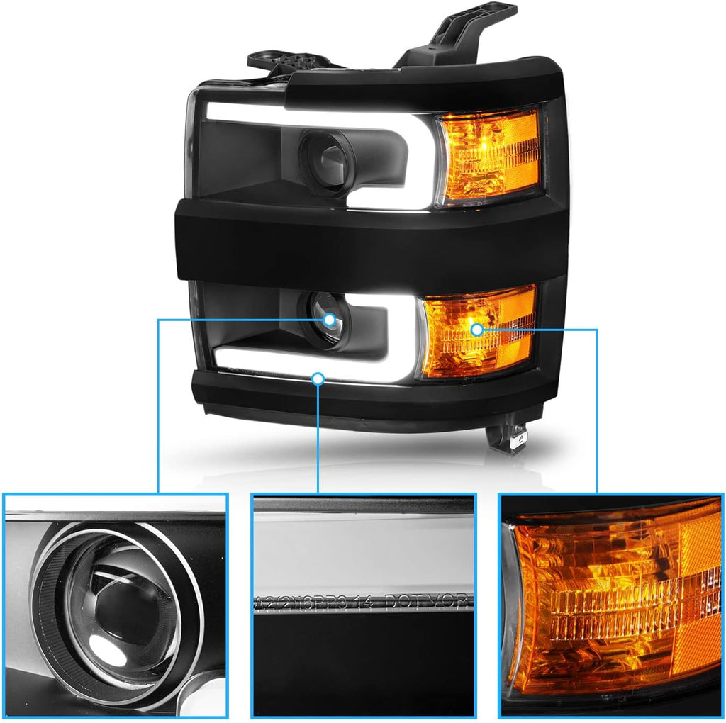 AmeriLite for 2015-2019 Chevy Silverado 2500HD 3500HD Work Truck w/Dual LED Tube All Dark Black Square Projector Replacement Headlights Set - Passenger and Driver Side