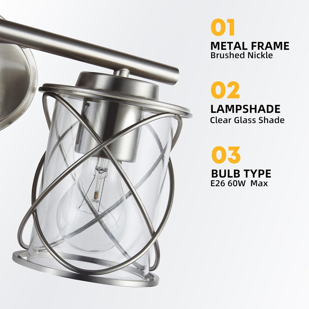 mavcadonf 3-Lights Bathroom Vanity Lights, Bathroom Light Fixtures Over Mirror, Brushed Nickel Vanity Light, Farmhouse Wall Lights with Clear Glass Shade, Bathroom Wall Lamp for Mirror Kitchen Bedroom