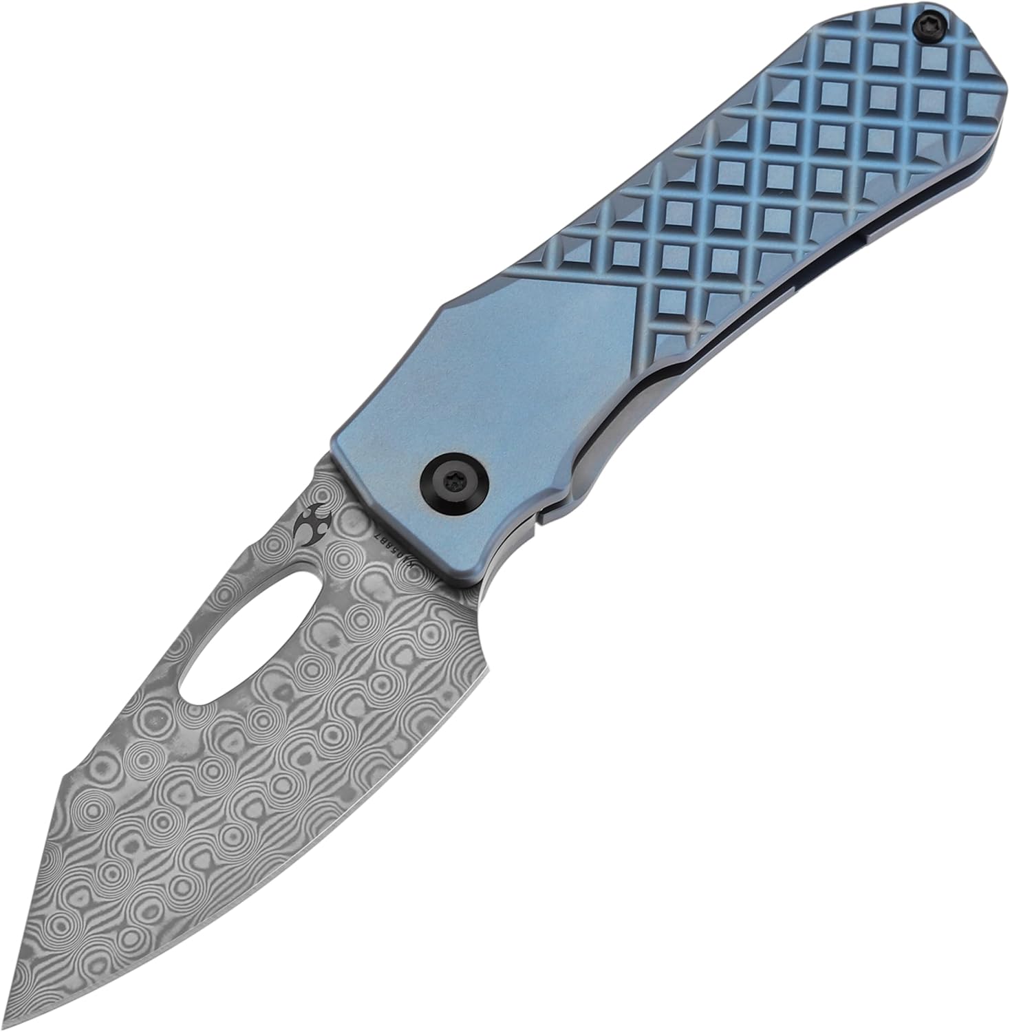 KANSEPT Loki Pocket Knife, 2.99'' Damascus Blade, Blue Anodized Titanium with Frag Pattern Handle, Everyday Carry K1058B7