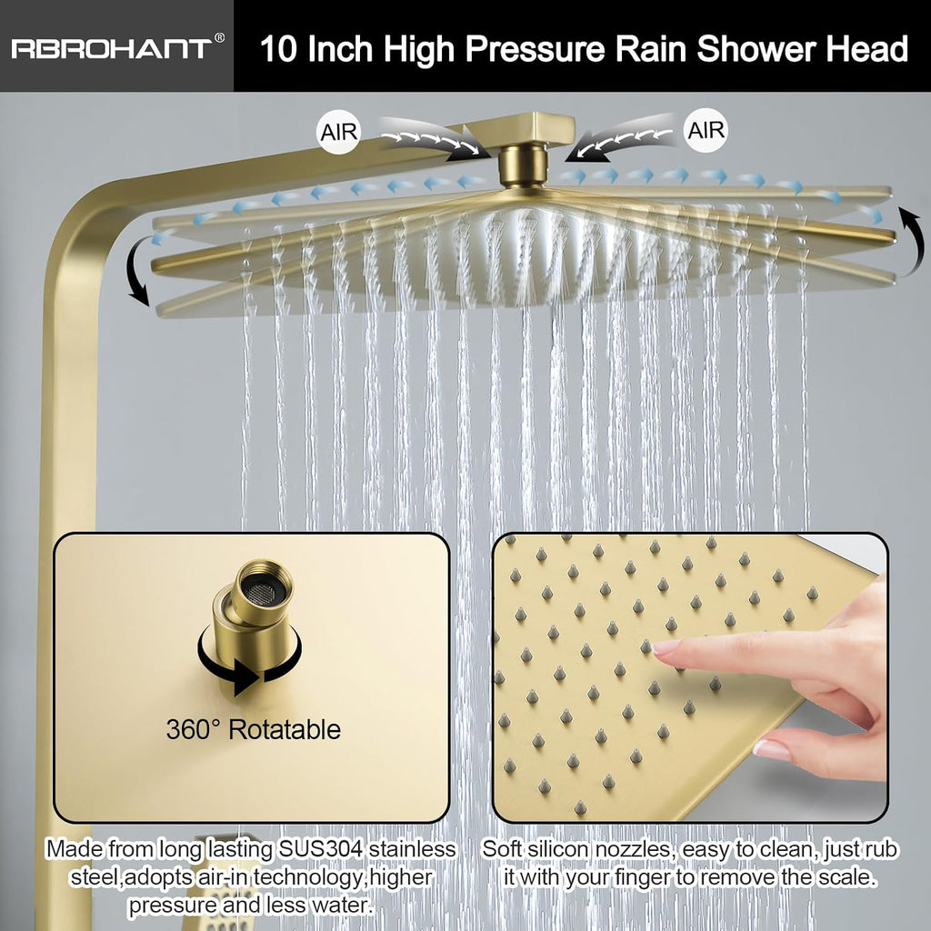 RBROHANT Brushed Gold Exposed Shower System with Tub Spout, Exposed Shower Fixtures for Bathroom with Brass 3-Functional Valve, Shower Height Adjustable, Wall Mounted