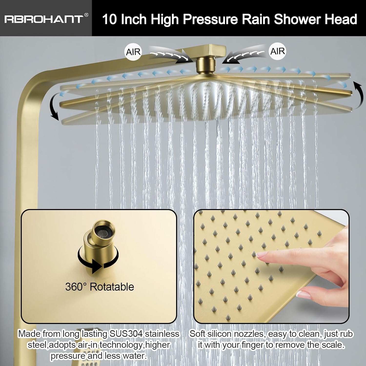 RBROHANT Brushed Gold Exposed Shower System with Tub Spout, Exposed Shower Fixtures for Bathroom with Brass 3-Functional Valve, Shower Height Adjustable, Wall Mounted