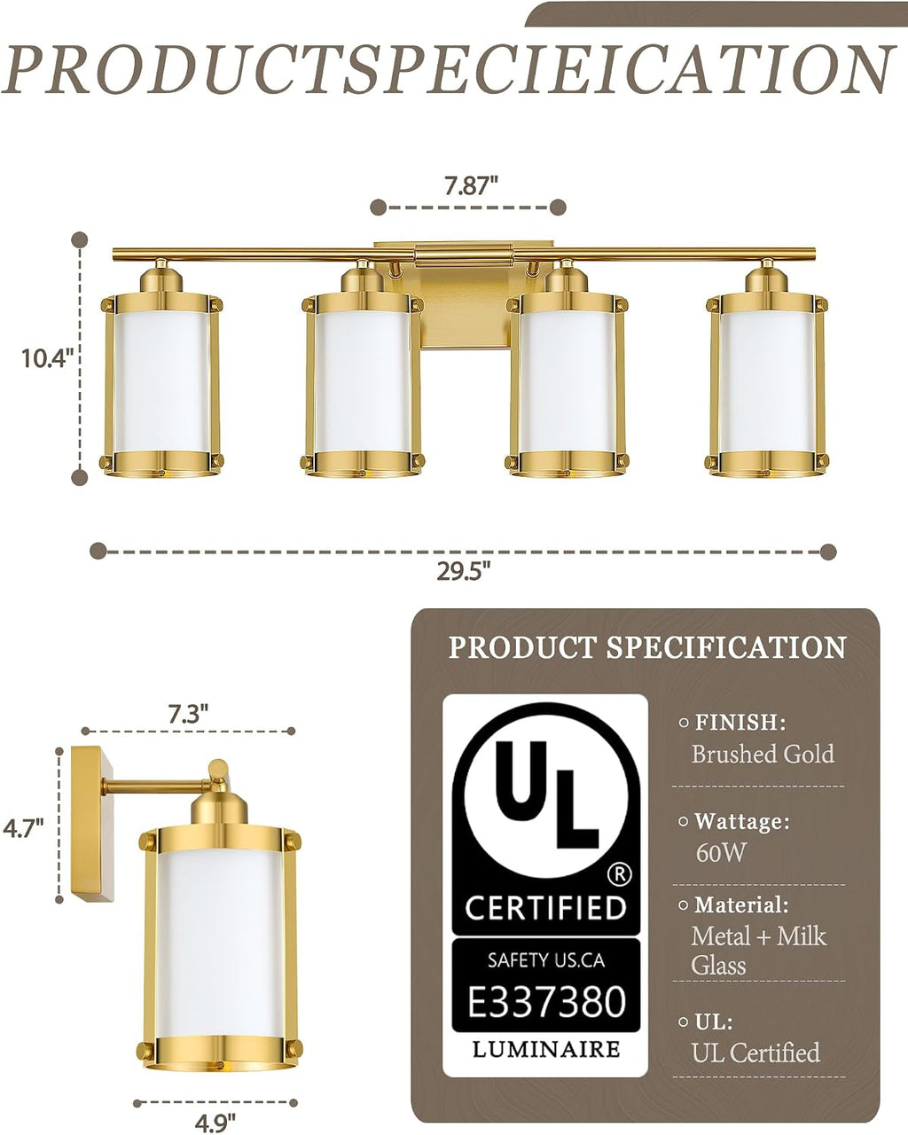 4-Light Brushed Gold Bathroom Light Fixtures with Milk White Frosted Glass, 29' UL-Listed Modern Wall Sconce Over Mirror with Metal Cage for Bath, Hardwire E26, OS-3014BGW-4W