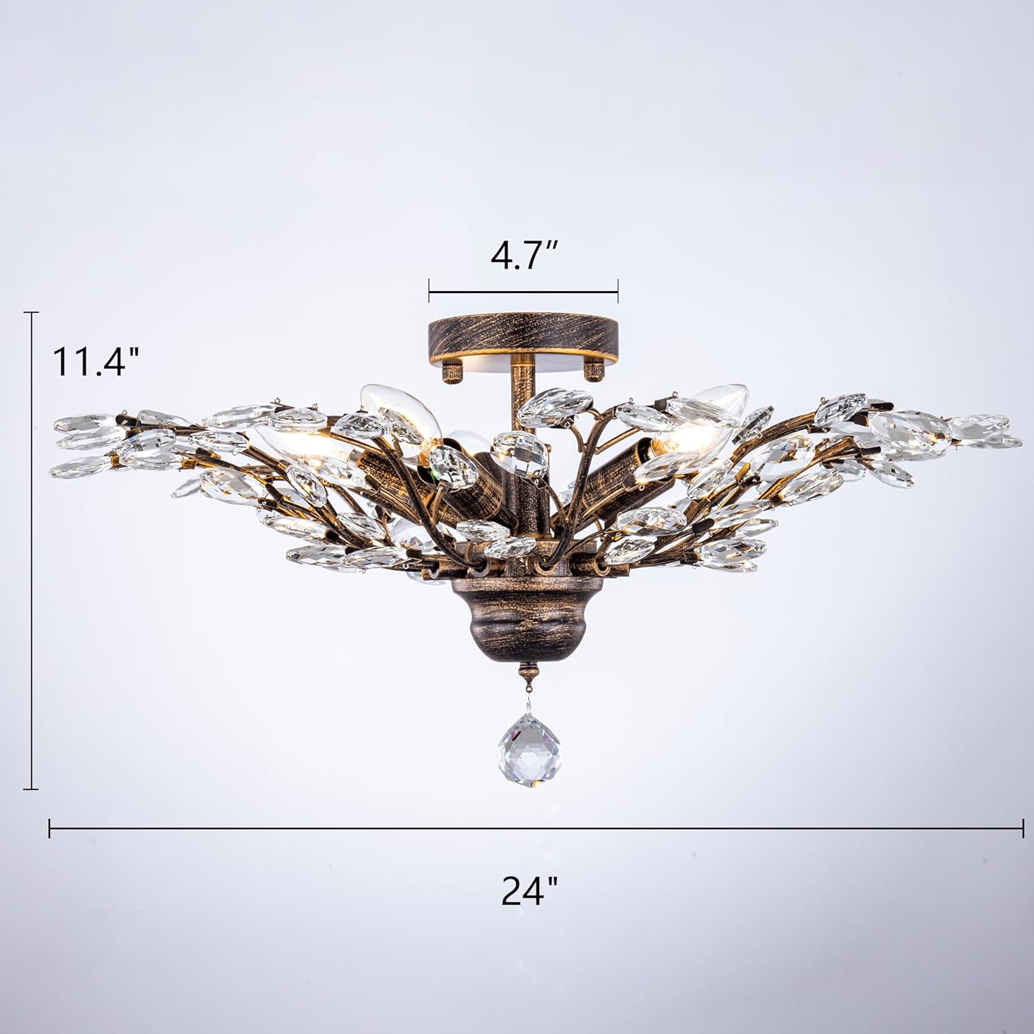 Wellmet Vintage Crystal Ceiling Light Fixture, 5 Lights Bronze Semi Flush Mount Ceiling Light Fixture, Modern Farmhouse Chandelier for Dining Room, Bedroom, Bathroom, Entryway, Hallway, W-24in