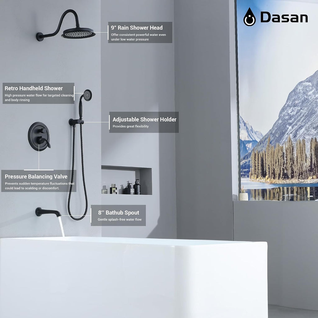 DASAN Matte Black Shower System with Tub Spout, Tub and Shower Faucet Combo Set with Valve & Trim Kit Bathtub Shower Faucet Set Bathtub Shower System with Rainfall Shower Head & Handheld, AT309W-MB
