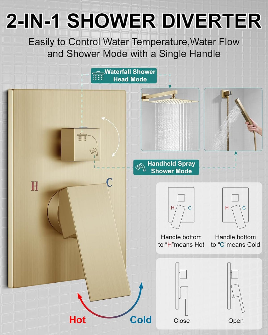 Shower Faucet Set Rainfall Shower System with Square Showerhead and Handle Set Fixture with 2 in 1 Function Handheld Sprayer Wall Mounted Trim Repair Kit Rough-in Valve 10 Inch Brushed Gold