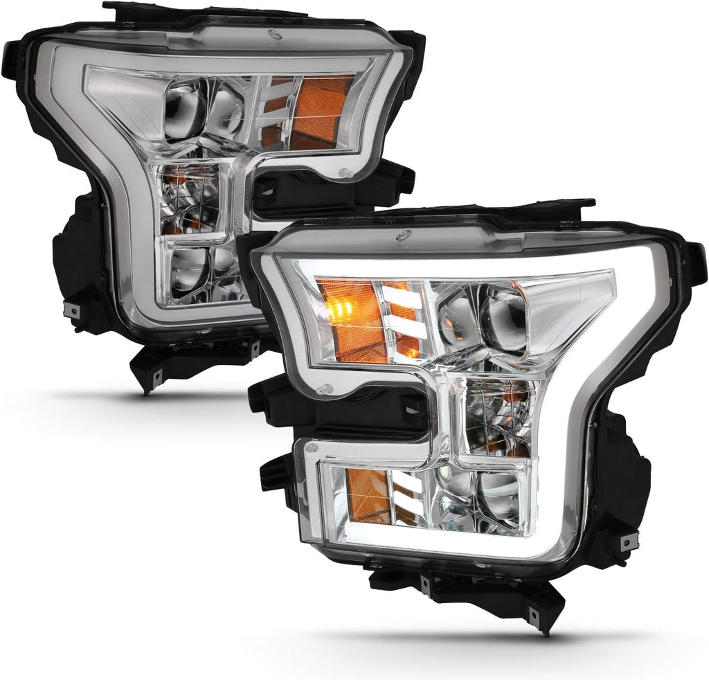 AmeriLite for 2015-2017 Ford F150 Truck Chrome LED Tube Dual Square Projector Replacement Headlights Assembly Pair - Driver and Passenger Side