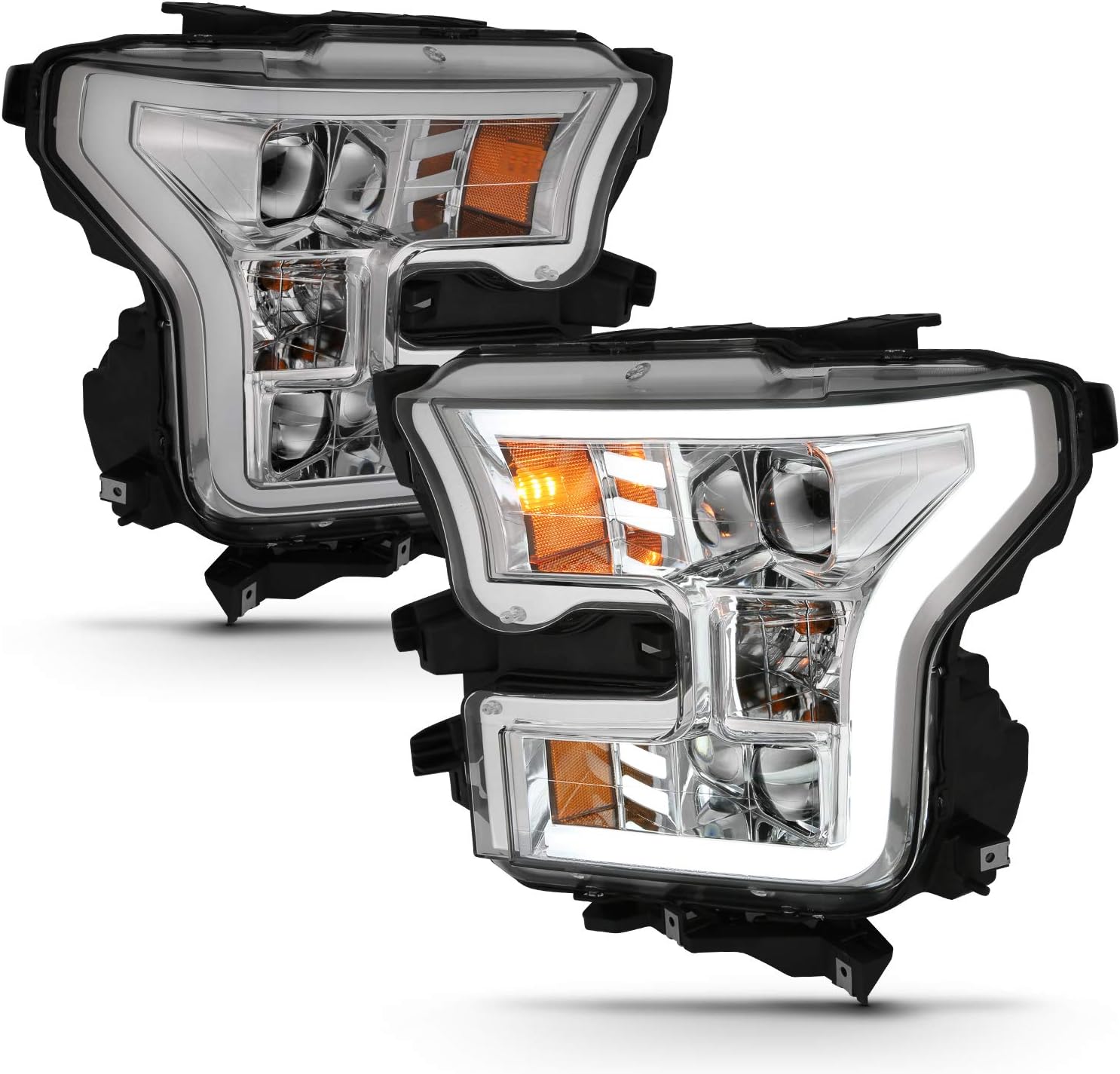 AmeriLite for 2015-2017 Ford F150 Truck Chrome LED Tube Dual Square Projector Replacement Headlights Assembly Pair - Driver and Passenger Side