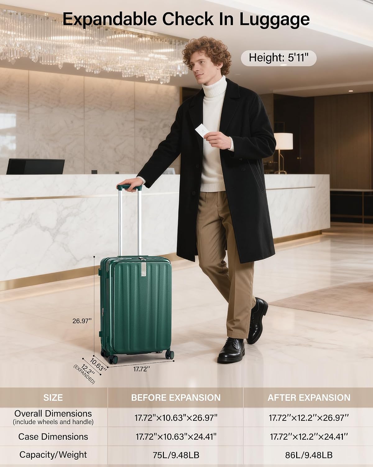 Hanke 24 Inch Expandable Luggage Top Opening Checked Bag Luggage Hard Shell Suitcases with Wheels Lightweight Travel Luggage Medium Suitcase with Lock for Woman Men-Blackish Green