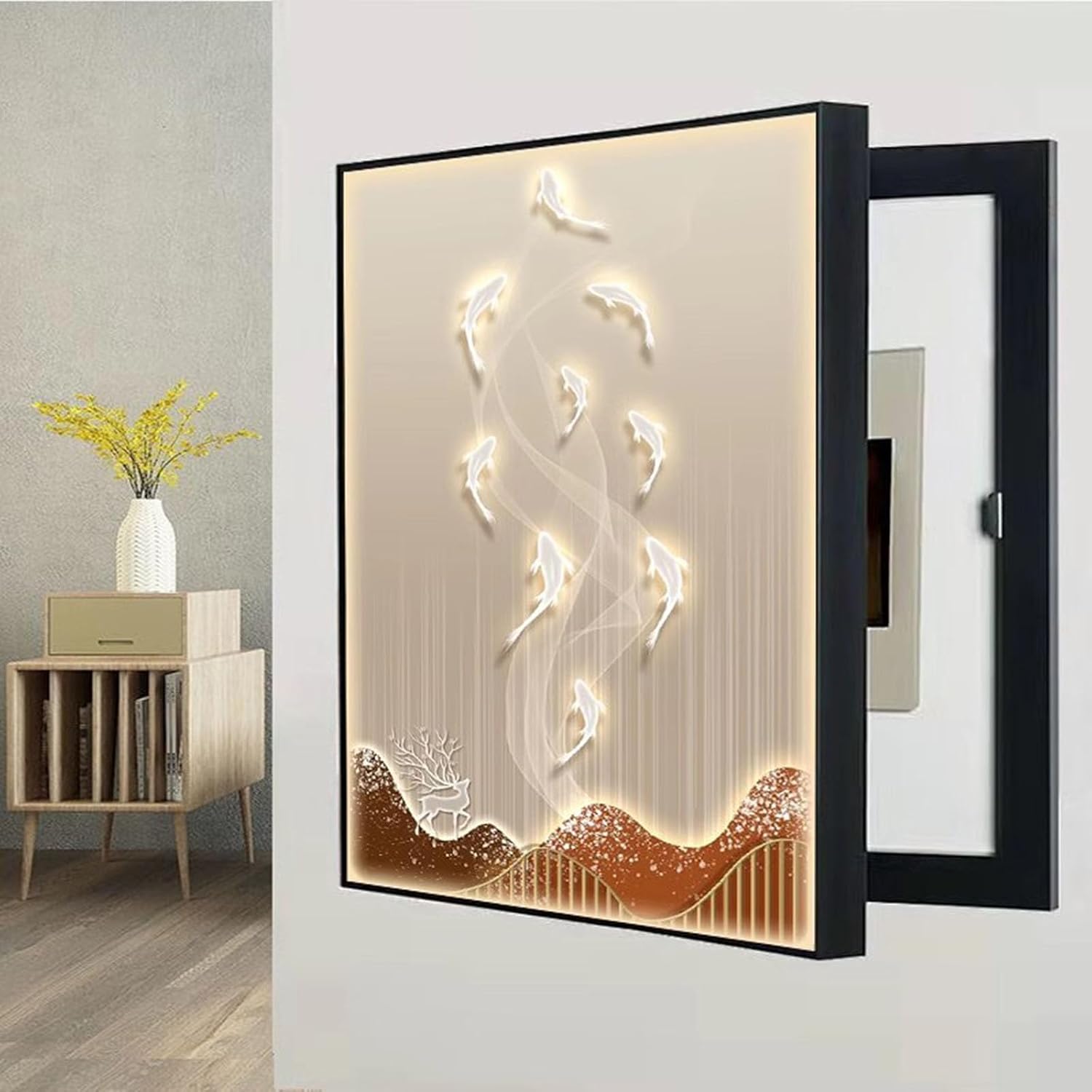 Wall Mounted Electrical Panel Cover Modern Meter Box Decorative Painting Hidden Circuit Breaker Panel Fuse Box Cover Cabinet with Ps Frame(Size:60x80cm,Color:G)