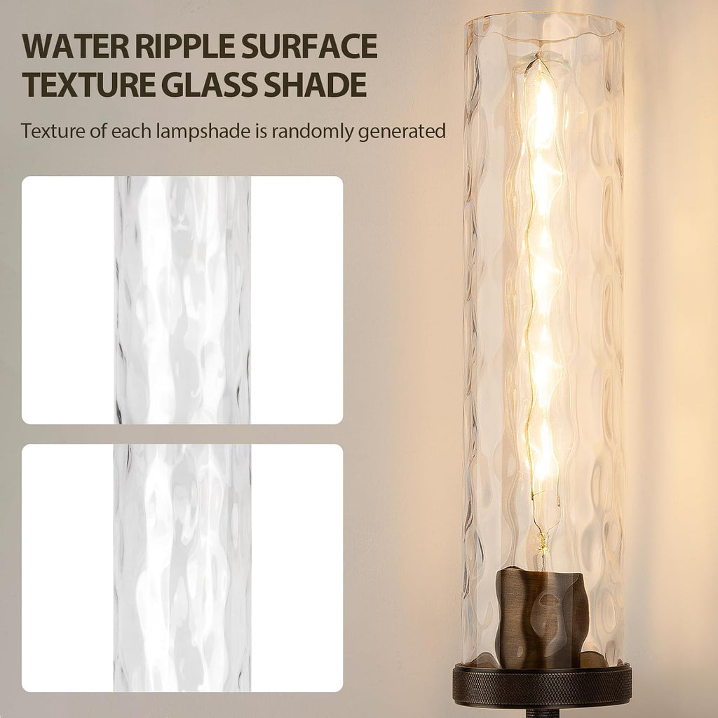 19.5' Knurled Brass Wall Sconces Set of 2, Bronze Bathroom Vanity Light Fixtures with Water Ripples Glass Tube, Modern Lamp Lighting for Bedroom, Living Room, Hallway, Staircase, Mirror, Kitchen