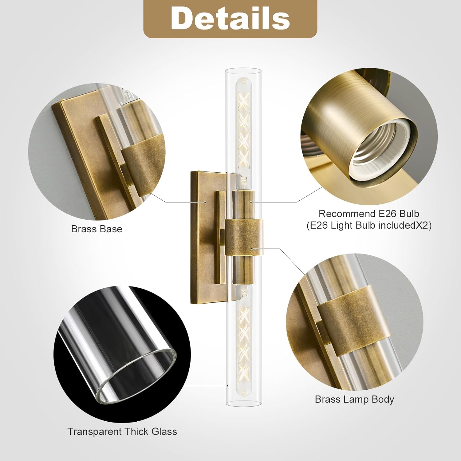 23' Brass Wall Sconce with Clear Glass Shade - Rust-Resistant Vintage Light, E26 Indoor Sconce, Decorative Lighting for Bathroom Living Room Stairway Fireplace Bedroom (Bronze)