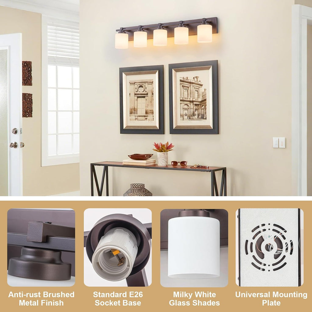 Modern Bathroom Light Fixtures Over Mirror, Vanity Lights for Bathroom Wall Sconces with Milky White Glass Shades, E26 Socket (Bulbs Not Included), 5 Light, Oil Rubbed Bronze