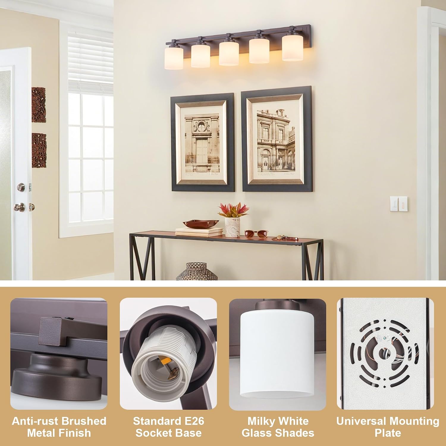 Modern Bathroom Light Fixtures Over Mirror, Vanity Lights for Bathroom Wall Sconces with Milky White Glass Shades, E26 Socket (Bulbs Not Included), 5 Light, Oil Rubbed Bronze