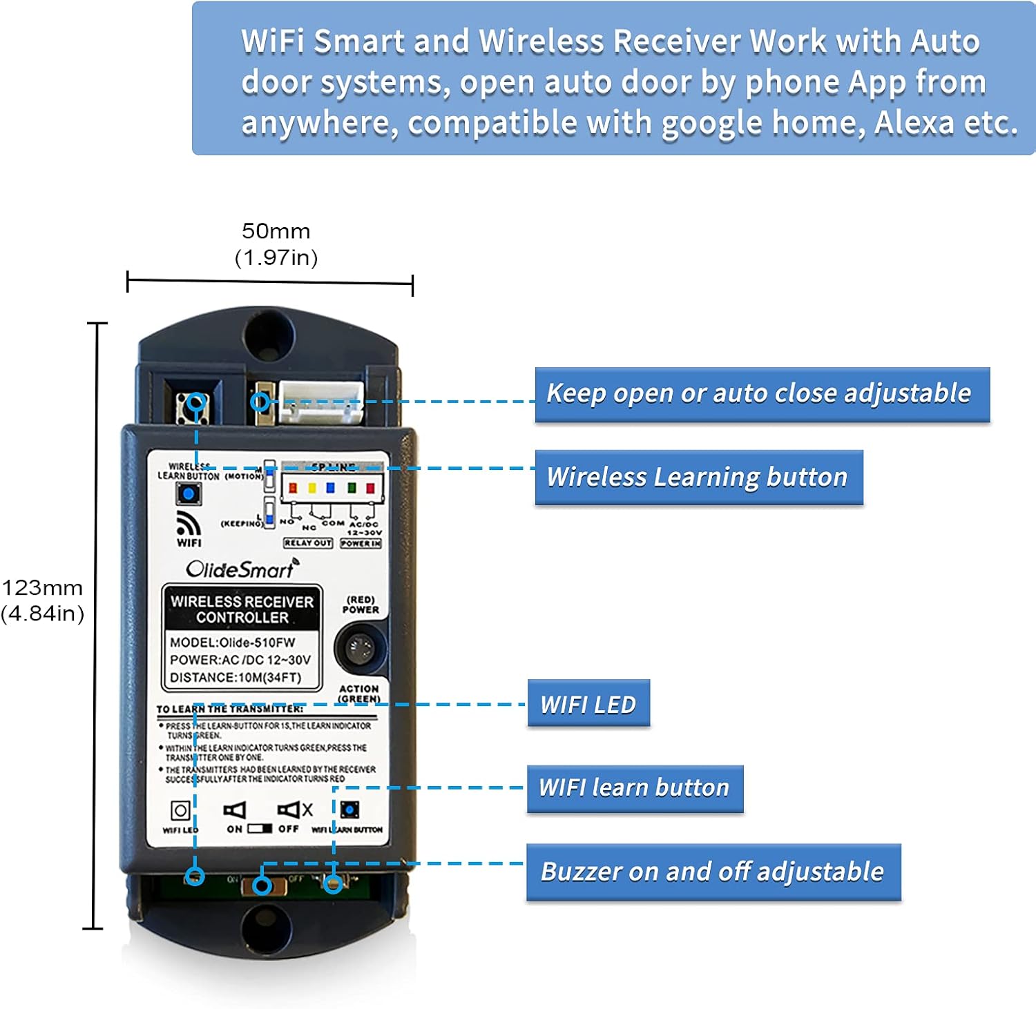 Olideauto Swing Door Operator Automatic for the Disabled,Commercial Smart WiFi Handicap Door Opener Wireless Olide-120B with Wireless Handicap Push Button&Receiver and DC12V 880lbs Electric Strike