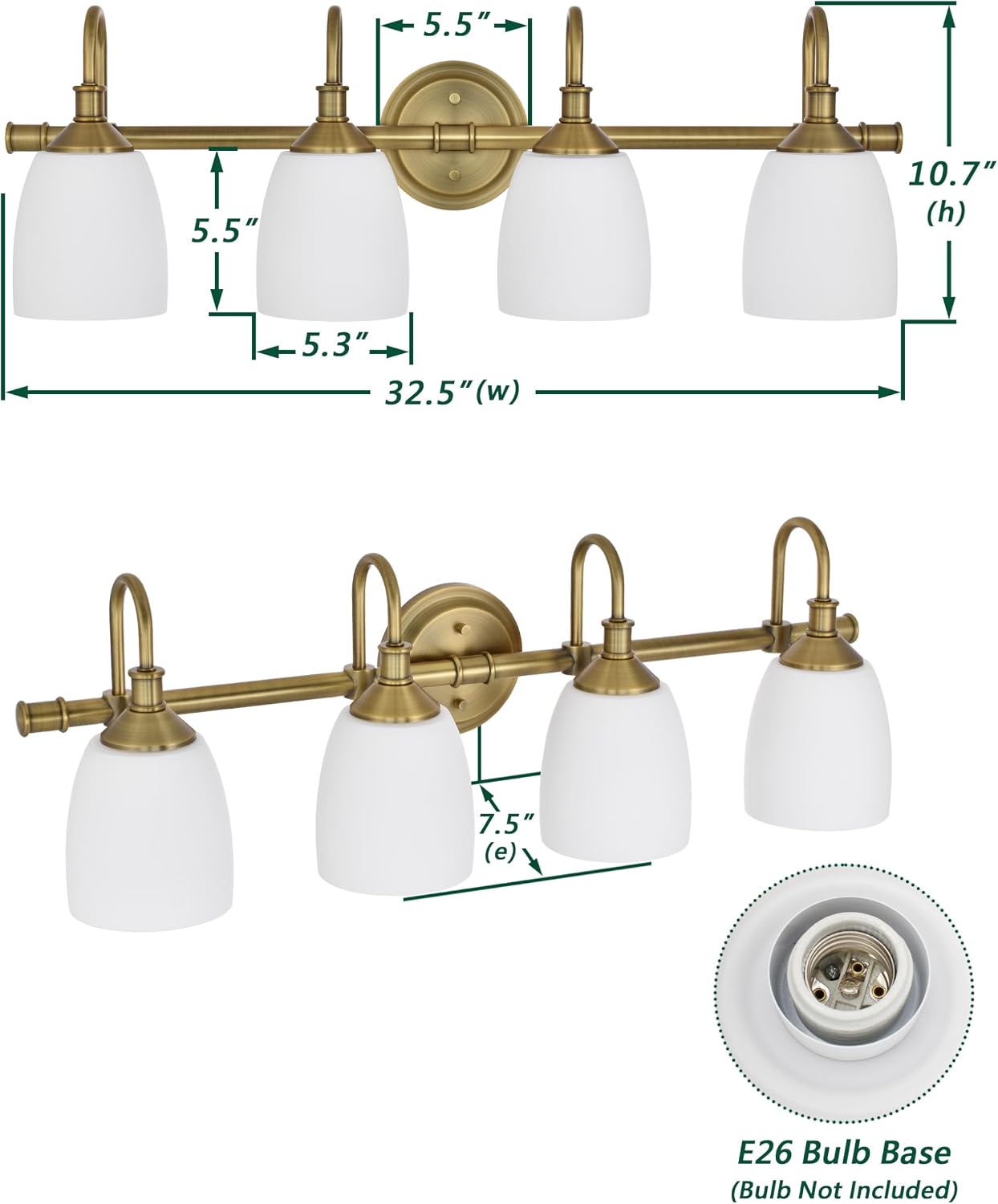 4-Light Champagne Bronze Bathroom Vanity Light Fixtures Over Mirror, Vintage Vanity Lights for Living Room, Milk White Glass Shades, Standard E26 Base