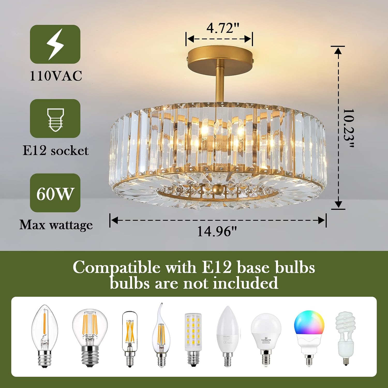 Piepooye 4 Lights Modern Crystal Chandelier Gold Round Semi Flush Mount Ceiling Light Fixture Farmhouse Chandelier for Dining Room Living Room Bedroom Hallway Entryway Kitchen