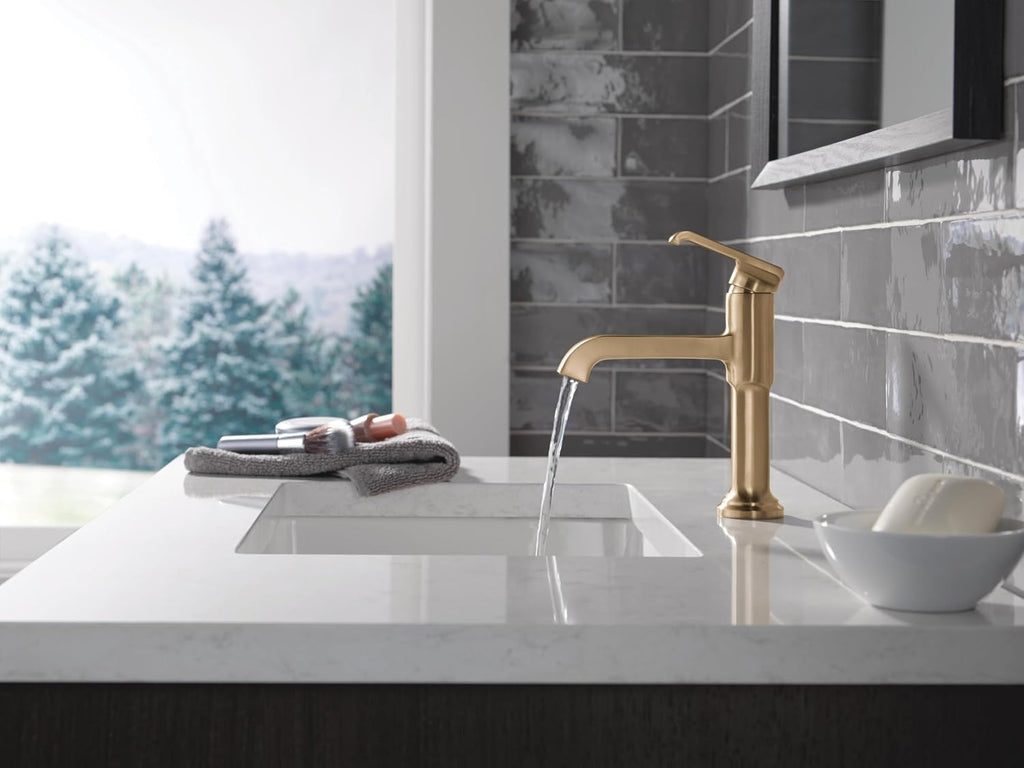 Delta Faucet Tetra Gold Single Hole Bathroom Faucet, Gold Single Handle Bathroom Faucet, Bathroom Sink Faucet, Diamond Seal Technology, Metal Drain Assembly, Lumicoat Champagne Bronze 589-CZ-PR-DST