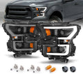AmeriLite for 2015-2017 Ford F150 Pickup [Halogen Type] Dual LED Bar Projector Black Replacement Headlight Set - Driver and Passenger Side