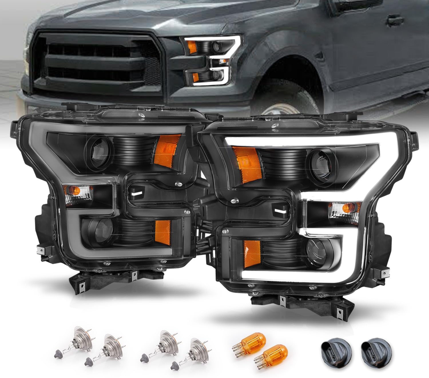 AmeriLite for 2015-2017 Ford F150 Pickup [Halogen Type] Dual LED Bar Projector Black Replacement Headlight Set - Driver and Passenger Side