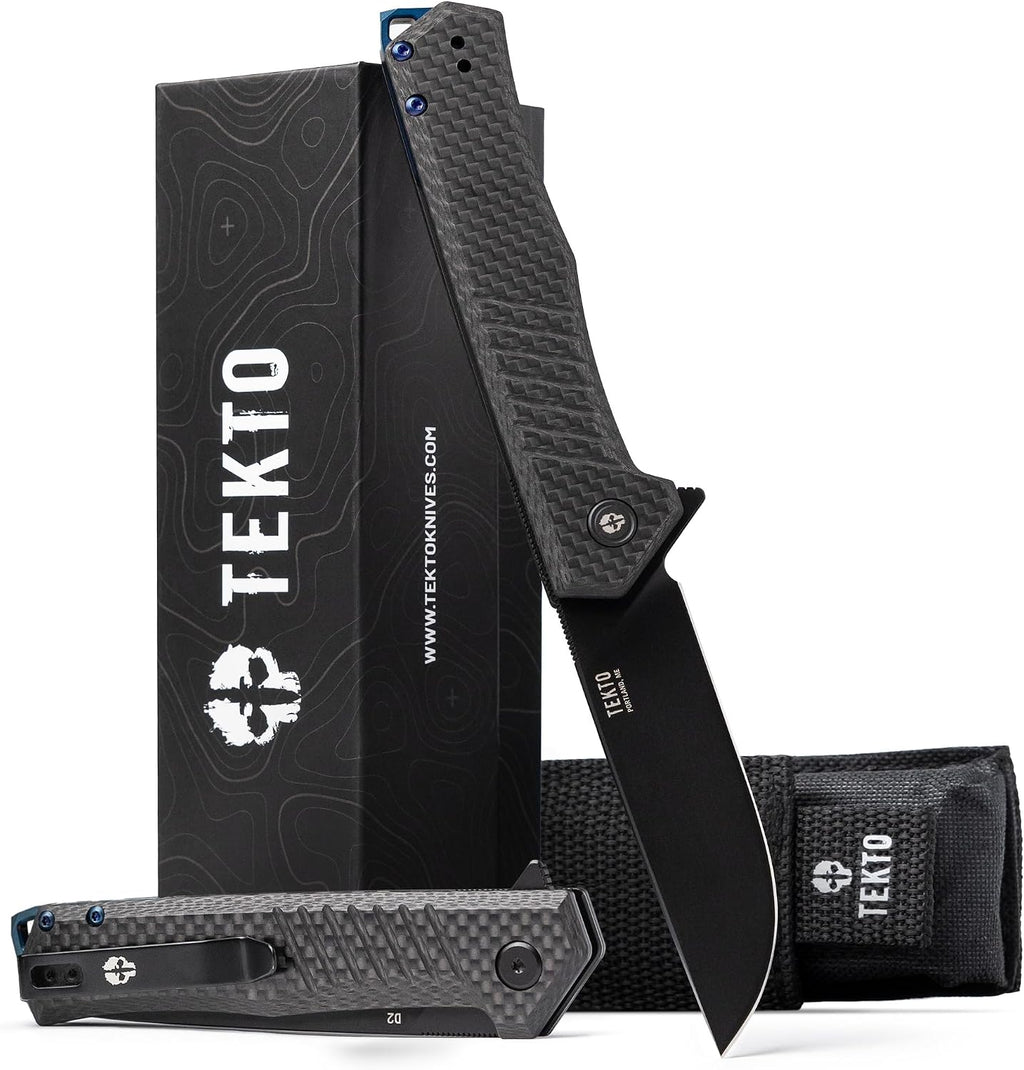 TEKTO F1 Alpha Folding Pocket Knife - Modified Straight Back Blade, Titanium Coated D2 Steel, Tactical Knife, EDC Folding Pocket Knives for Camping, Hunting & Backpacking - Carbon Fiber, Blue Accents