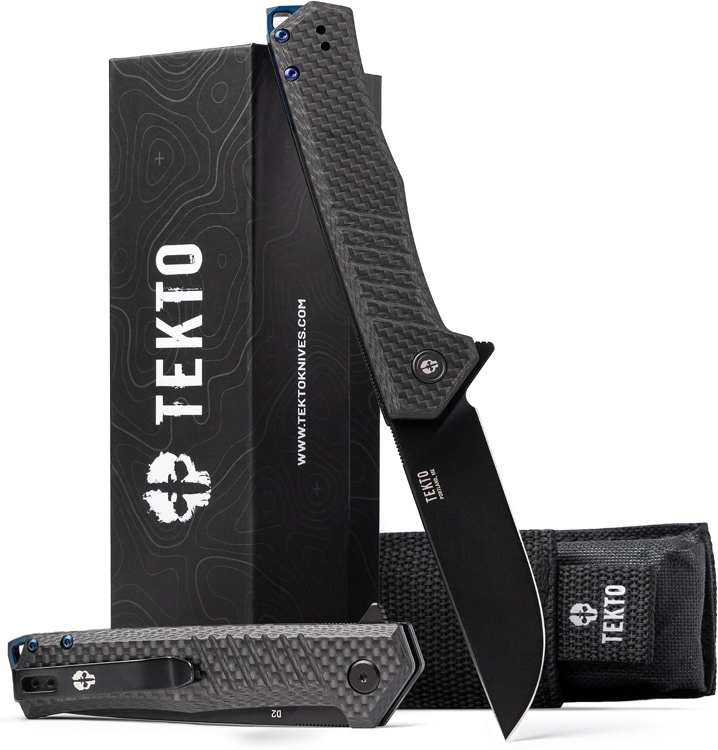 TEKTO F1 Alpha Folding Pocket Knife - Modified Straight Back Blade, Titanium Coated D2 Steel, Tactical Knife, EDC Folding Pocket Knives for Camping, Hunting & Backpacking - Carbon Fiber, Blue Accents