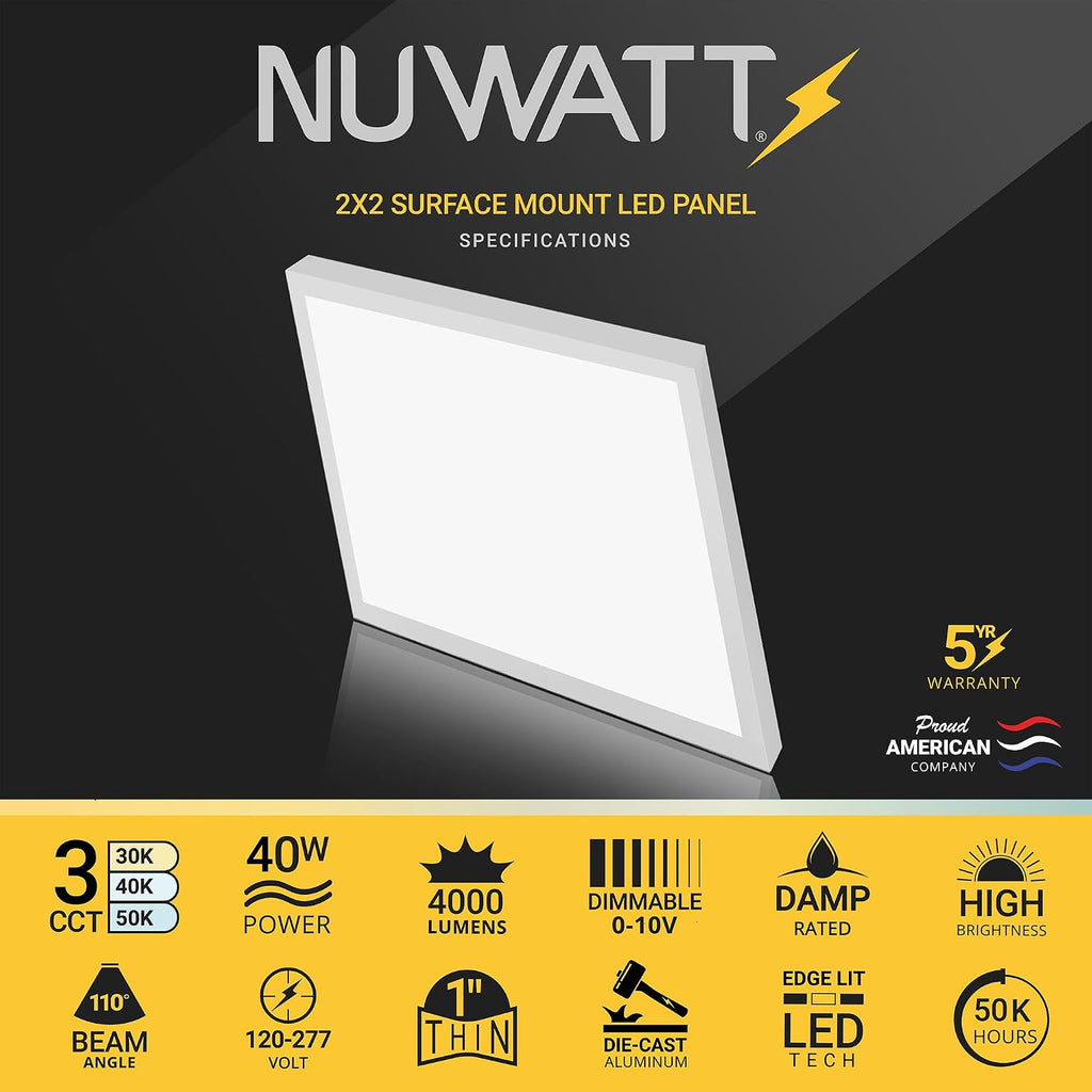 NUWATT 4 Pack, 2x2 LED Flat Panel Light, 120-277V, 3CCT 3000K/4000K/5000K Selectable, 4000LM, 40W, Internal Driver, 0-10V Dimmable, 2x2 FT Surface Mount Panel Light, 24x24 LED Ceiling Lights, 1' Thin