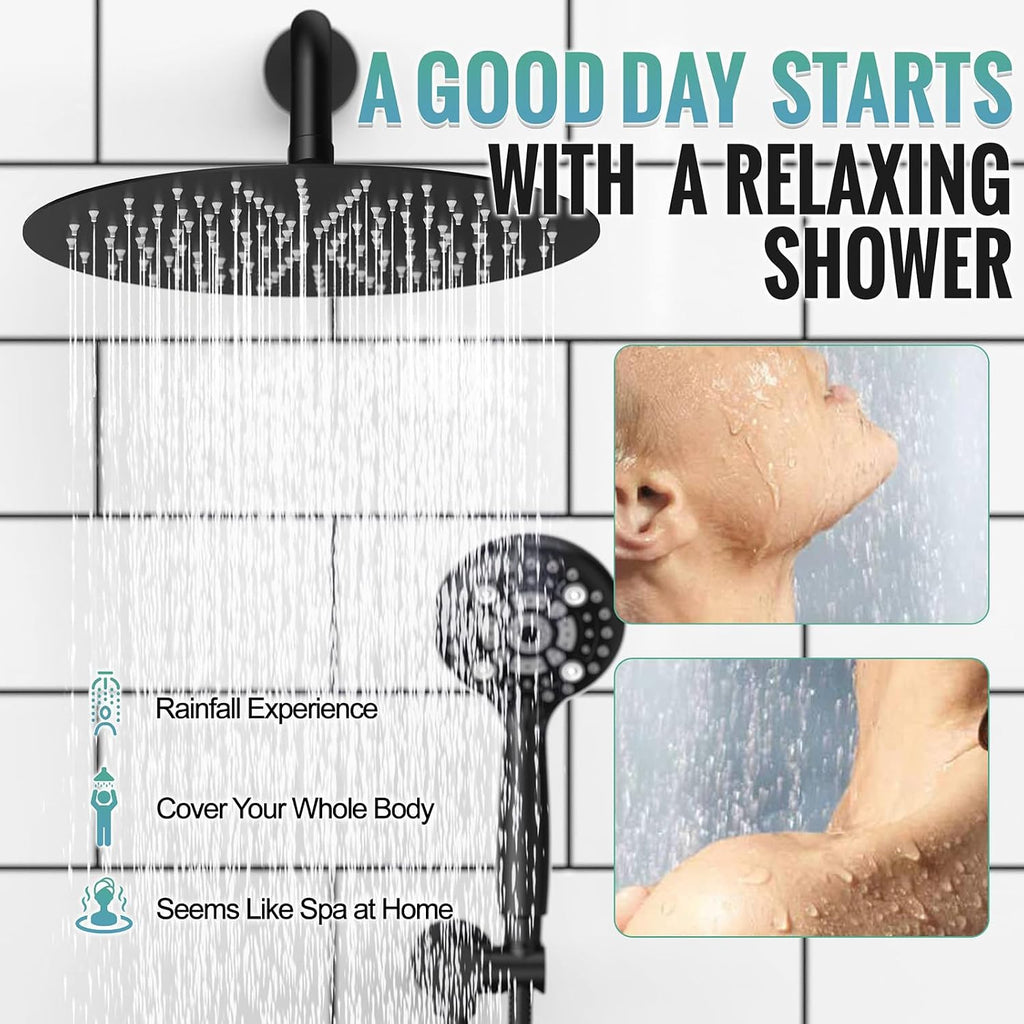 SR SUN RISE Shower Faucet - 12 Inch Multifunctional High Pressure Shower Head System with Handheld Shower Head Fixtures - Valve Included - Matte Black