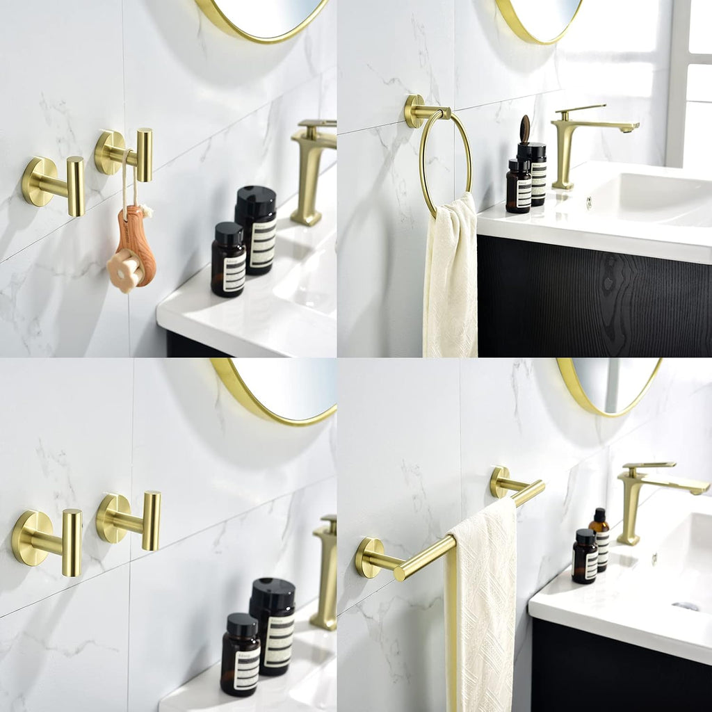 6-Pieces Bathroom Hardware Set SUS304 Stainless Steel Round Wall Mounted Includes Hand Towel Bar,Toilet Paper Holder,Robe Towel Hooks,Bathroom Accessories Kit On-Site (Gold)