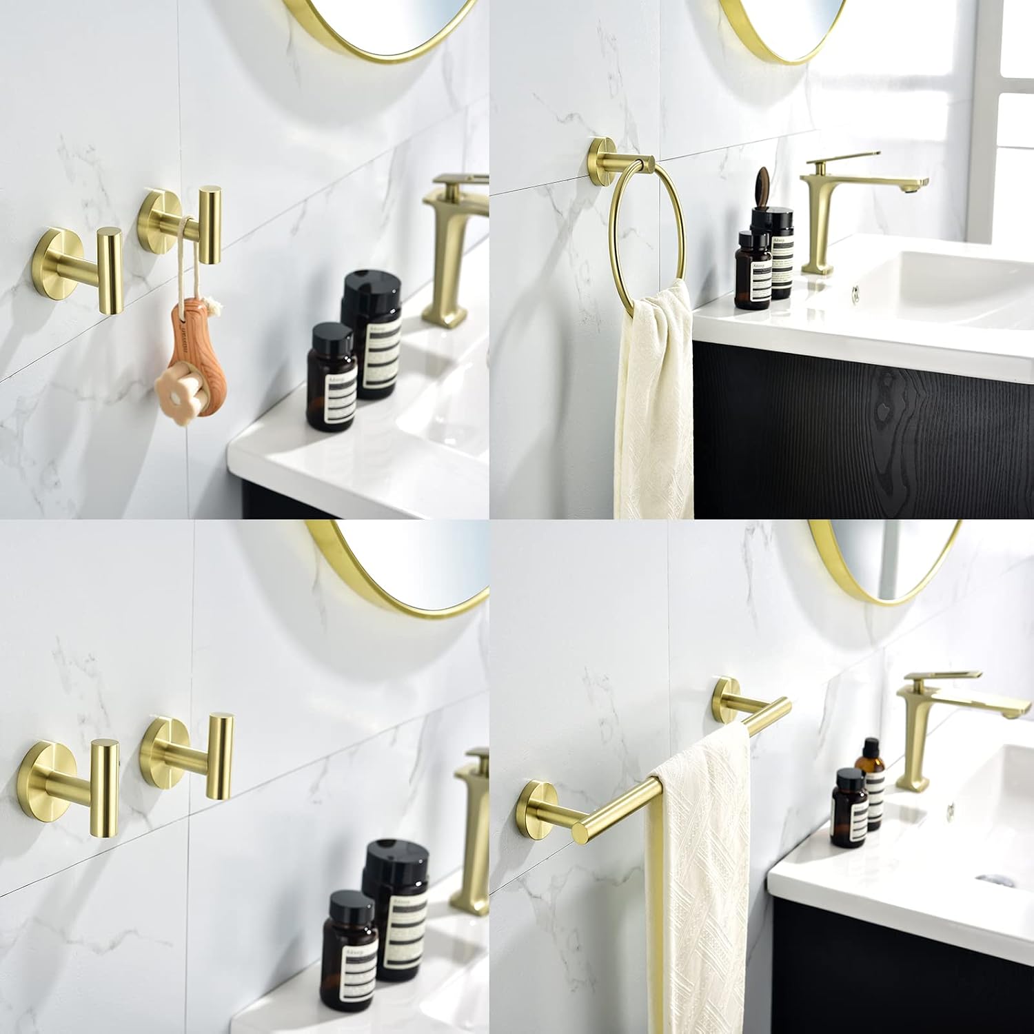 6-Pieces Bathroom Hardware Set SUS304 Stainless Steel Round Wall Mounted Includes Hand Towel Bar,Toilet Paper Holder,Robe Towel Hooks,Bathroom Accessories Kit On-Site (Gold)