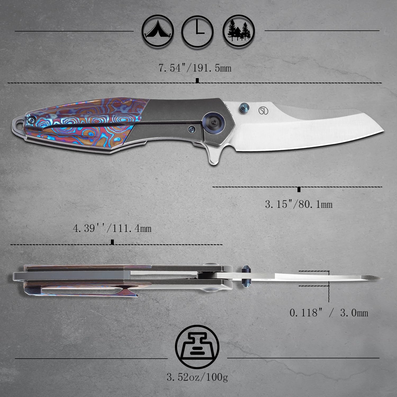 KANSEPT Mistaken Folding Knives for Men EDC Camping Pocket Folding Knife 3.58'' Satin CPM 20CV Blade with Blackwash Titanium Timascus Timascus Clip Handle Everyday Carry K1053A3