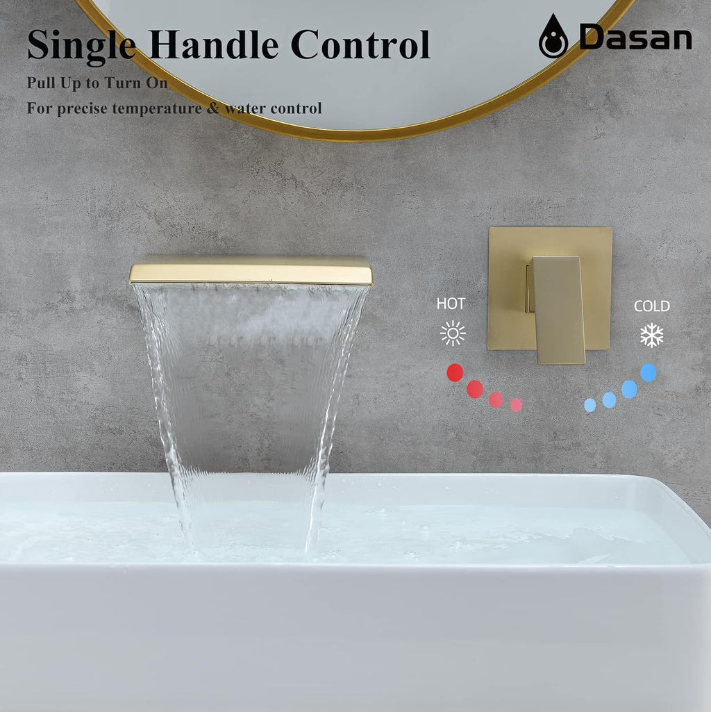 DASAN Wall Mount Waterfall Bathroom Faucet Brushed Gold in Wall Sink Faucet, Single Handle Wall Mounted Modern Faucet for Bathroom with Upgraded Rough in Valve, DA-TFD3BG-NH