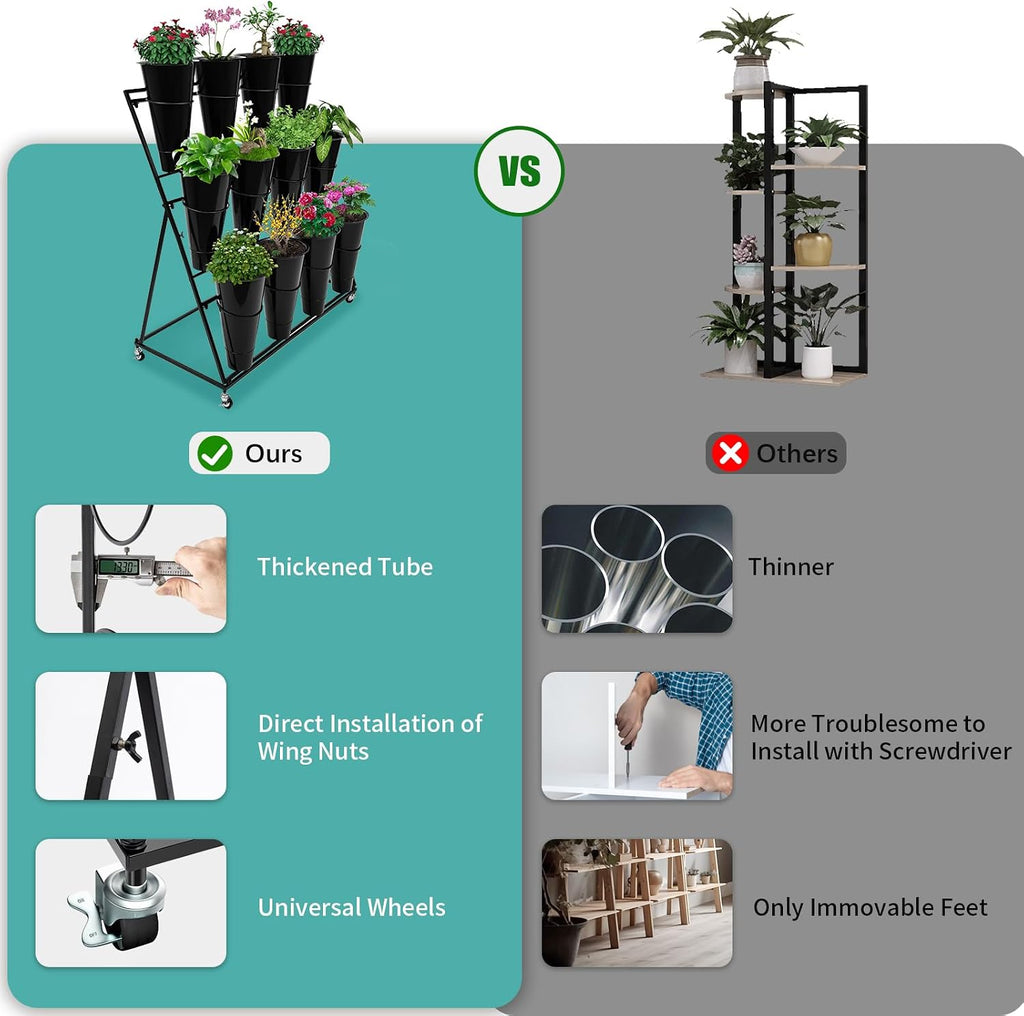 Flower Display Stand with 12 Black Round Buckets, 3 Layers Black Metal Plant Stand with Wheels, Moving Florist Bouquet Shelf for Fresh Flowers Shop Patio Garden Outdoor Flower Pop-Up Events