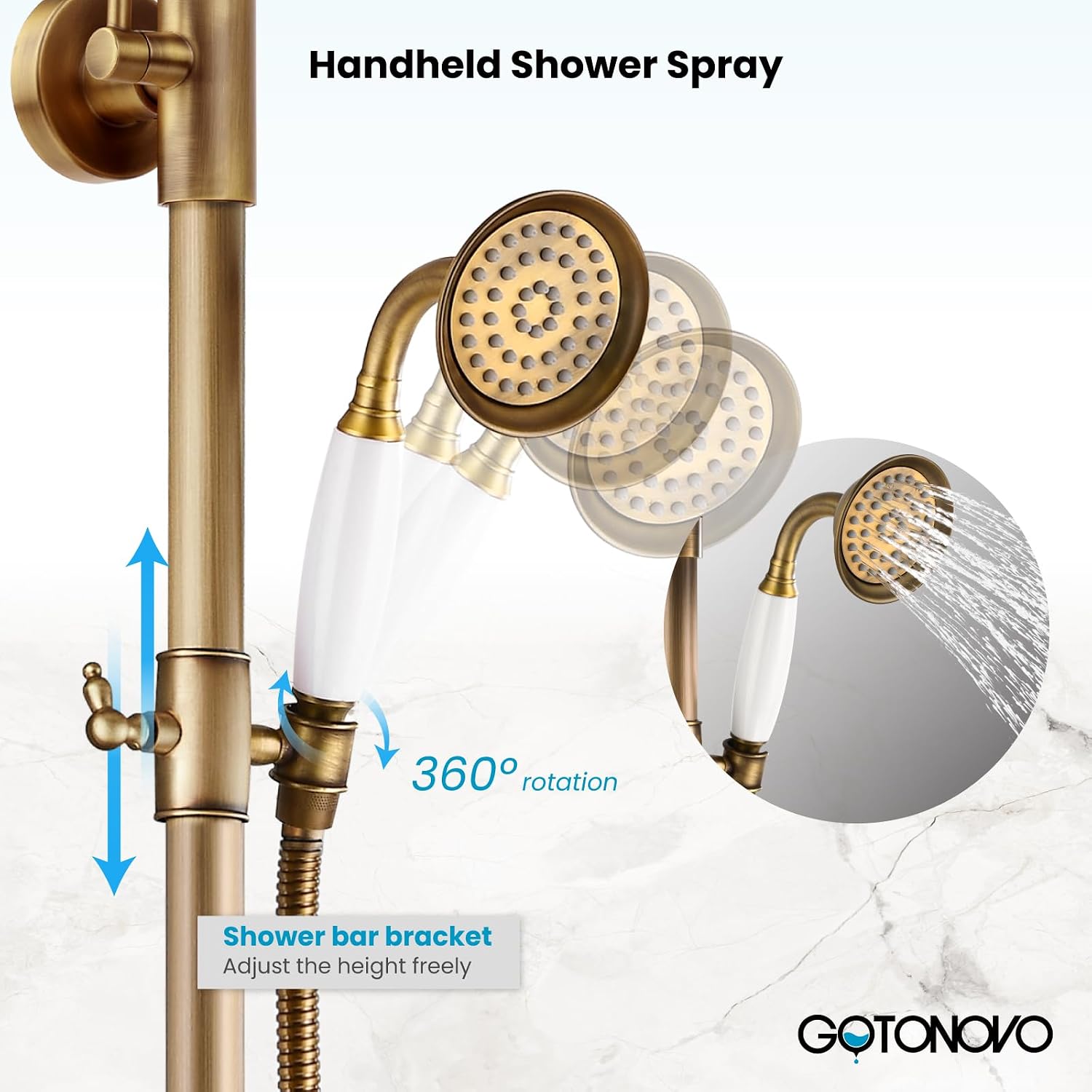 gotonovo Antique Brass Shower Faucet 8-inch Luxury Shower Head Fixture with Handheld Spray Double Lever Handle Bathtub Spout Triple Function Bathroom Wall Mount