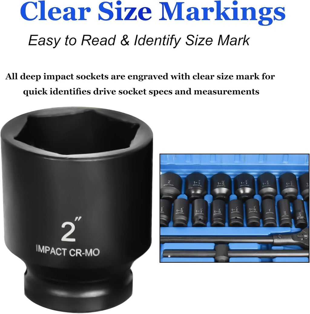 22-Pieces 3/4' DR Drive Deep Impact Socket Set, 6-Point (7/8-Inch - 2-Inch) SAE 22pc Jumbo Impact Socket Set, with Impact Adapter, Ratchet Wrench Extension Rod, Sliding Bar & Carrying Case (09090#)