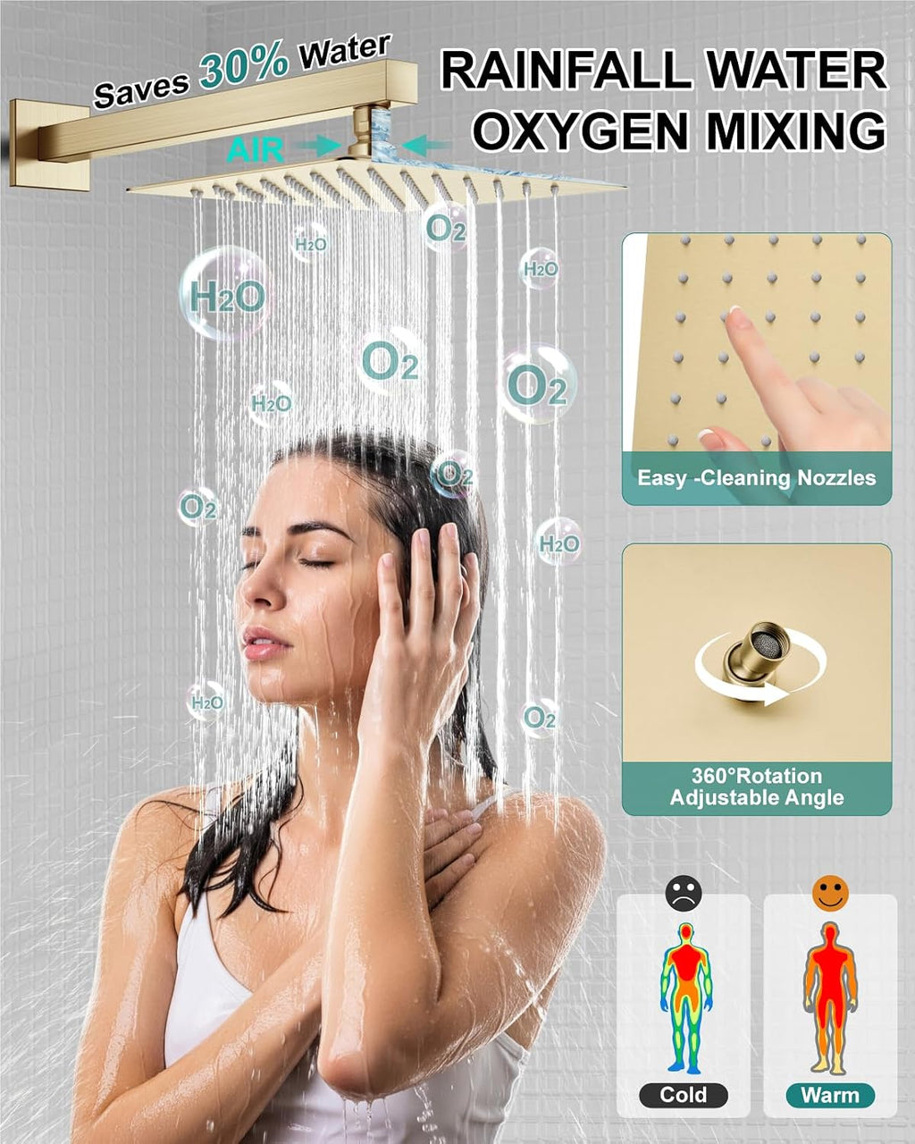Shower Faucet Set Rainfall Shower System with Square Showerhead and Handle Set Fixture with 2 in 1 Function Handheld Sprayer Wall Mounted Trim Repair Kit Rough-in Valve 10 Inch Brushed Gold
