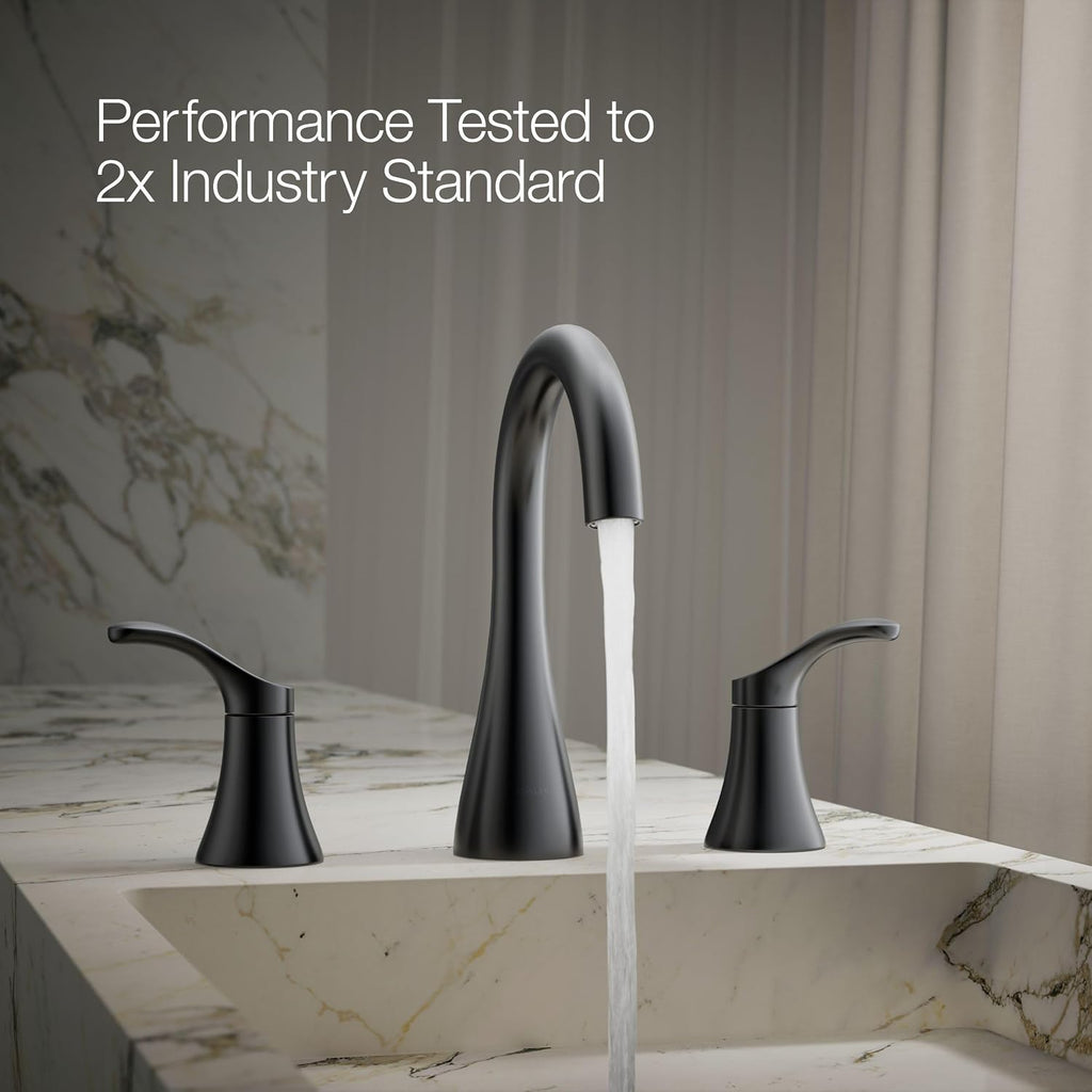 KOHLER K-27390-4-BL Simplice® Widespread Bathroom Sink Faucet, Bathroom Faucets with Two Lever Handles and Clicker Drain, 1.2 GPM, Matte Black