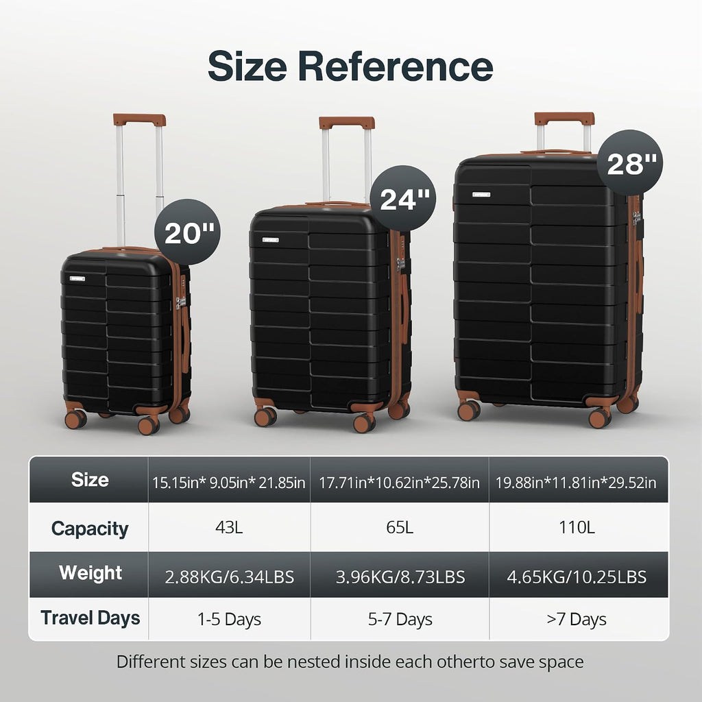 Vipbox Luggage Sets 3 Piece (3-YEARS VIP SERVICE) Hardshell Expandable Lightweight Ultra Durable 100% PC Carry On Travel Suitcase Set with TSA Lock Spinner Wheels, Premium Black