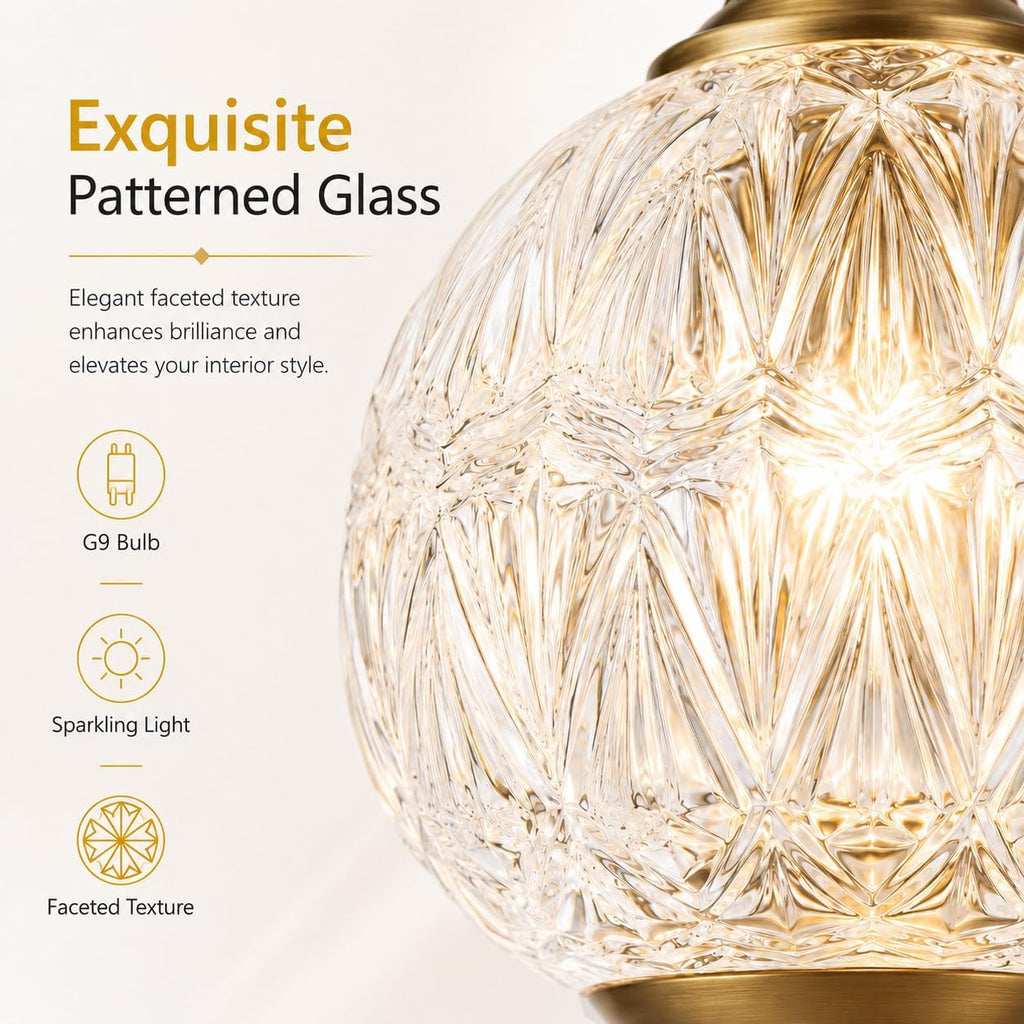 Brushed Antique Brass Bathroom Vanity Light Fixture Vintage Style - 3 Light G9 Bulb Compatible, 23' Wide Bathroom Lighting Over Mirror with Hand-Etched Glass Shades, Easy Mount for Makeup Area