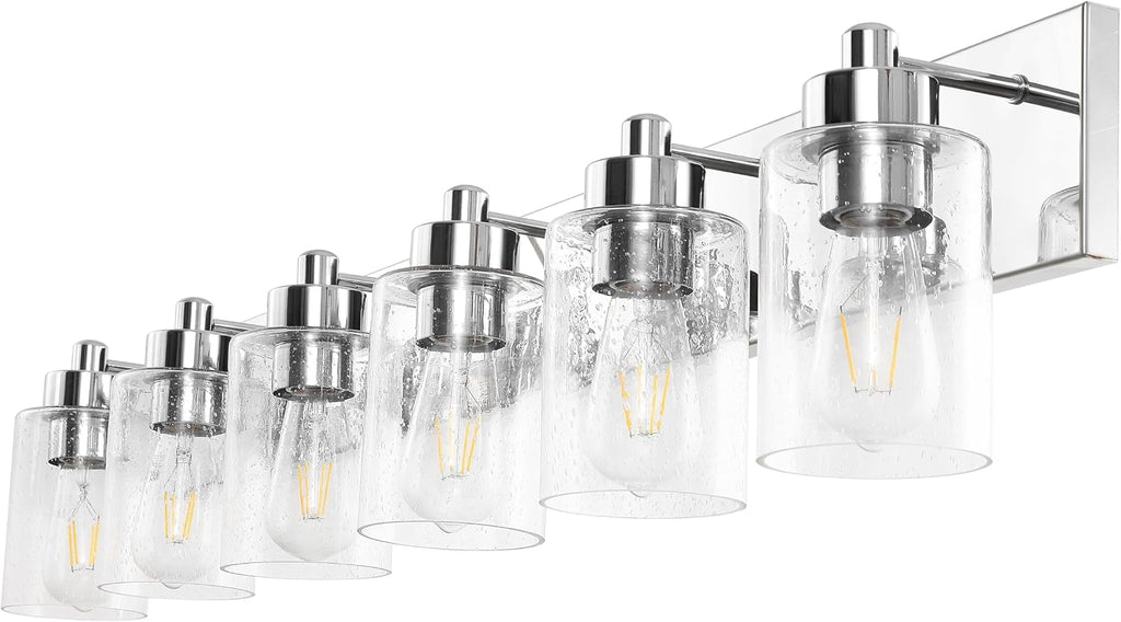 JONATHAN Y 40' Chrome/Clear 6-Light Modern LED Vanity Light for Bathroom Mirror, Mid-Century Wall Sconce with Clear Seeded Glass Shades, Contemporary Iron Fixture, LED Bulbs (JYL7621C)