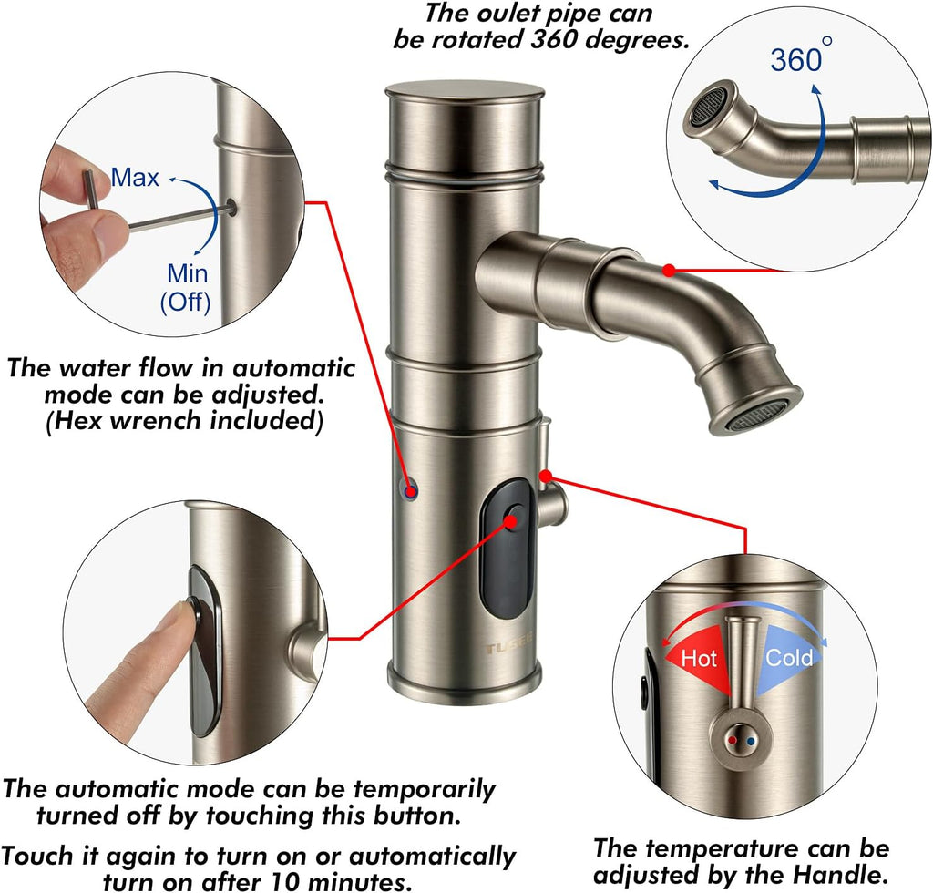 Brushed Nickel Single Hole Bathroom Faucet with 360° Rotating Spout & Temperature Control Handle, TS-5501N