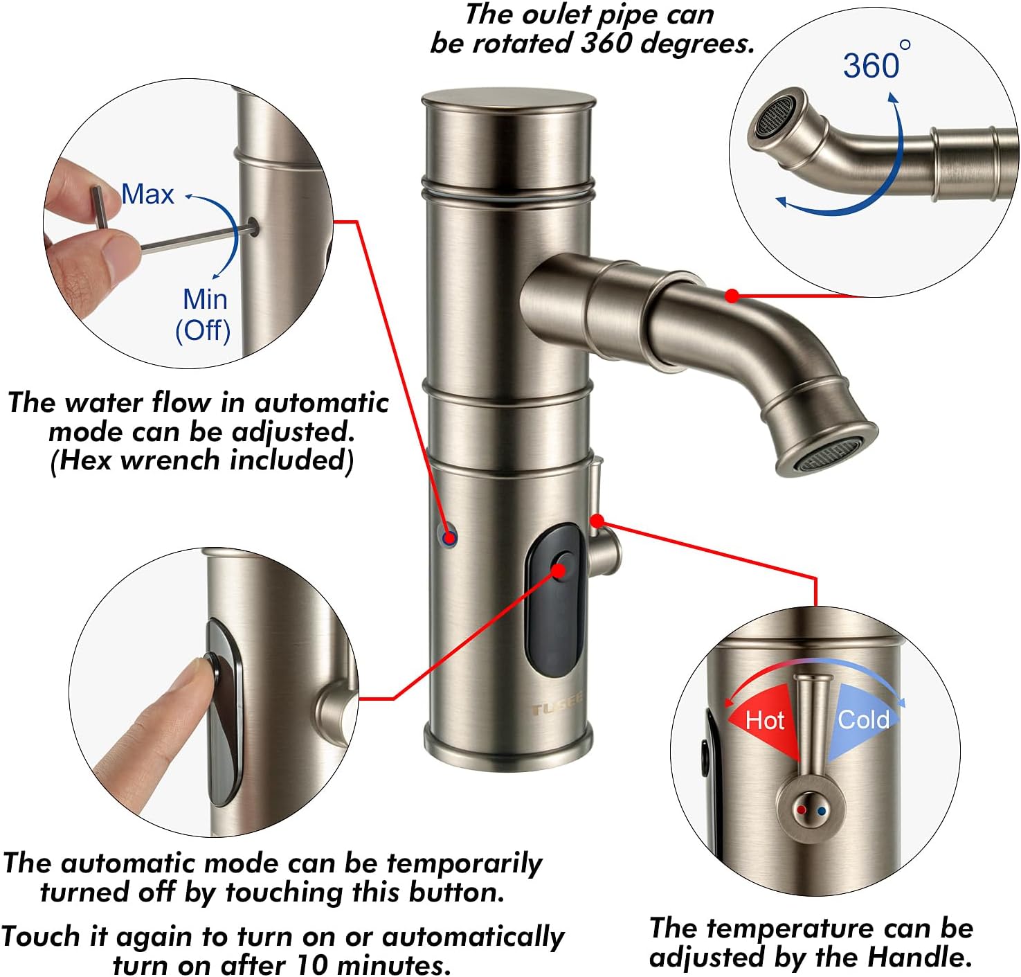 Brushed Nickel Single Hole Bathroom Faucet with 360° Rotating Spout & Temperature Control Handle, TS-5501N
