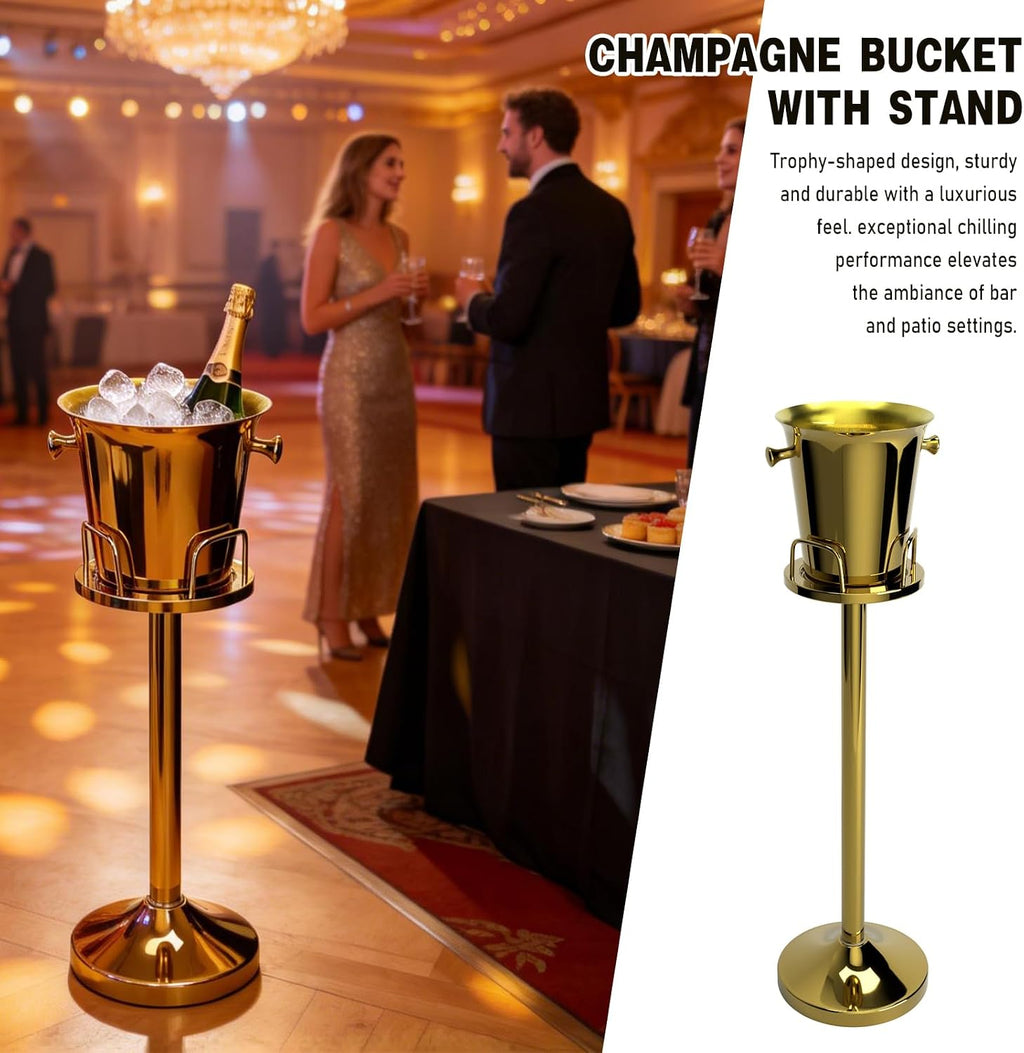 Ice Bucket with Stand, Vertical Stainless Steel Champagne Bucket, Ice Container,Standing Wine Cooler,Wedding Beer KTV Barbecue Club Bar 5L(Gold, 2 Packs)